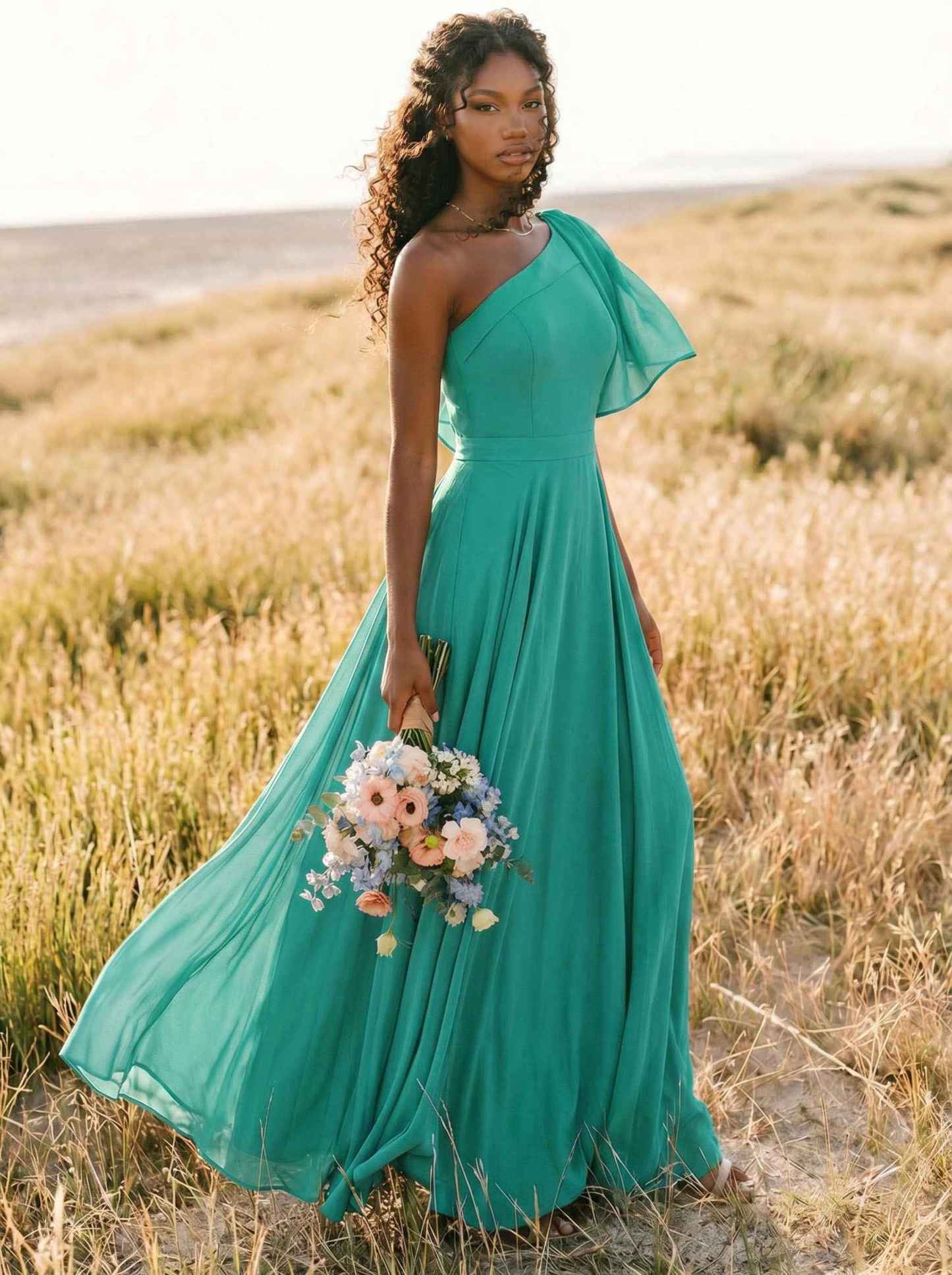 A-Line One-Shoulder Sleeveless Floor-Length Chiffon Bridesmaid Dresses With Bow(s)/Pockets, product image 224