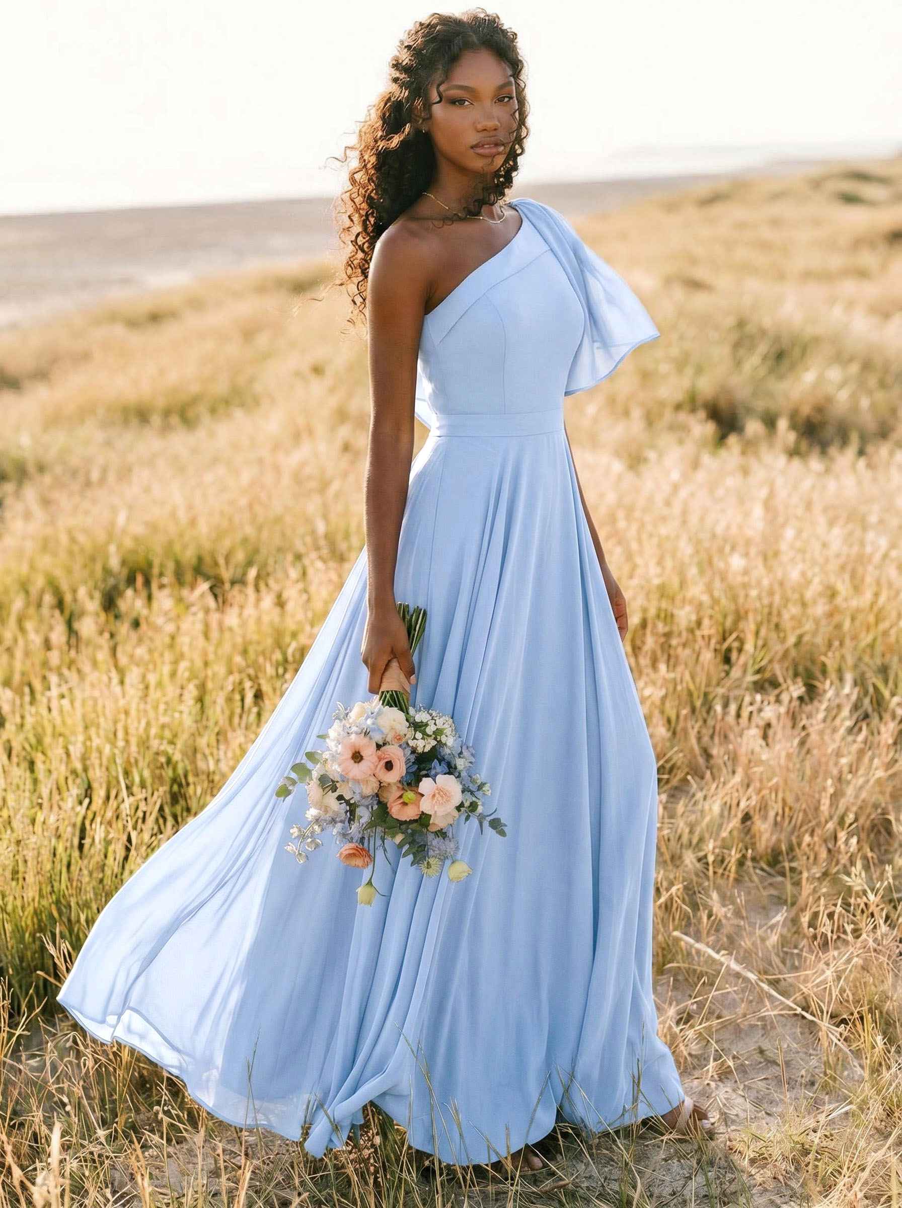 A-Line One-Shoulder Sleeveless Floor-Length Chiffon Bridesmaid Dresses With Bow(s)/Pockets, product image 202