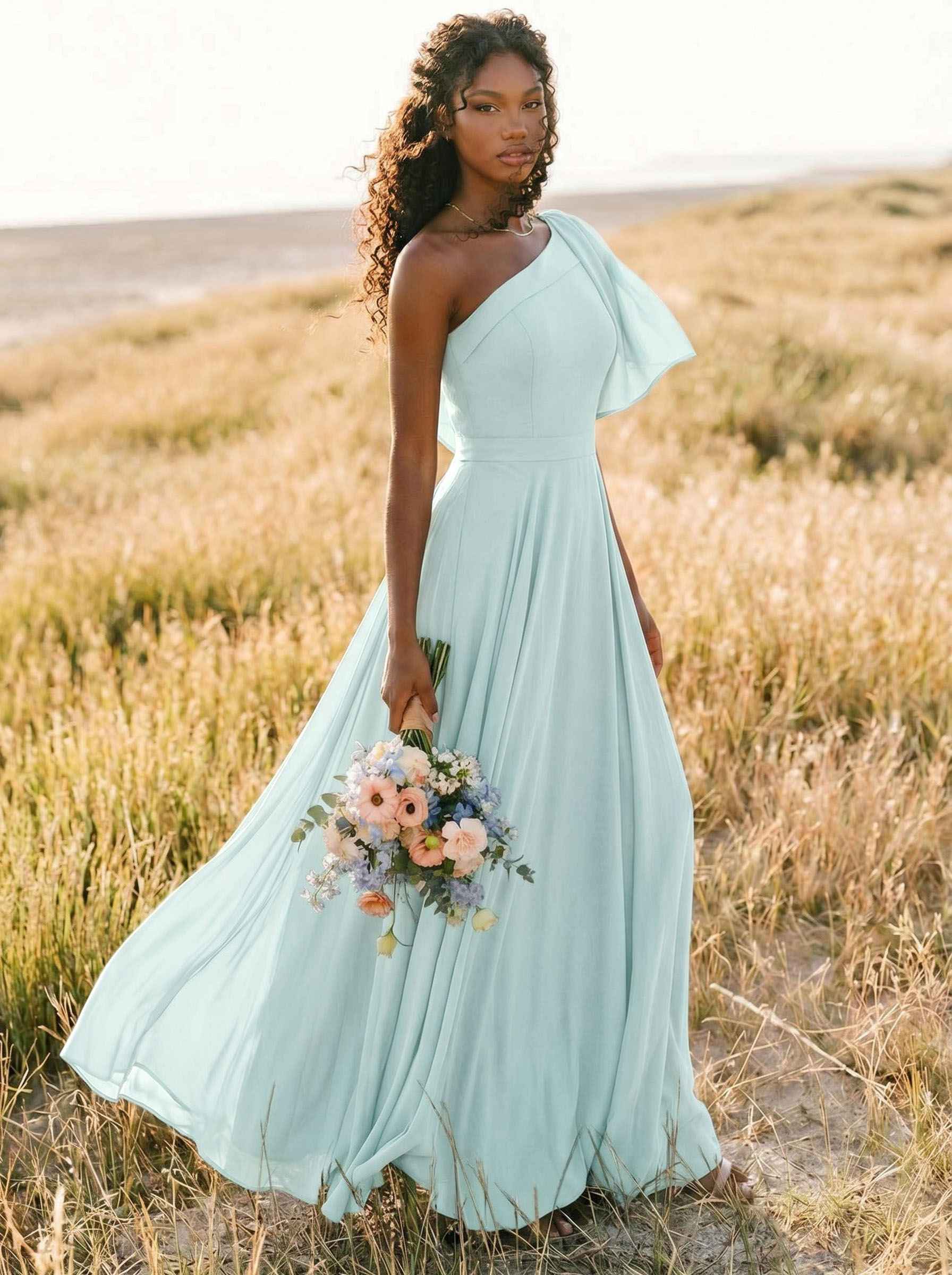 A-Line One-Shoulder Sleeveless Floor-Length Chiffon Bridesmaid Dresses With Bow(s)/Pockets, product image 162