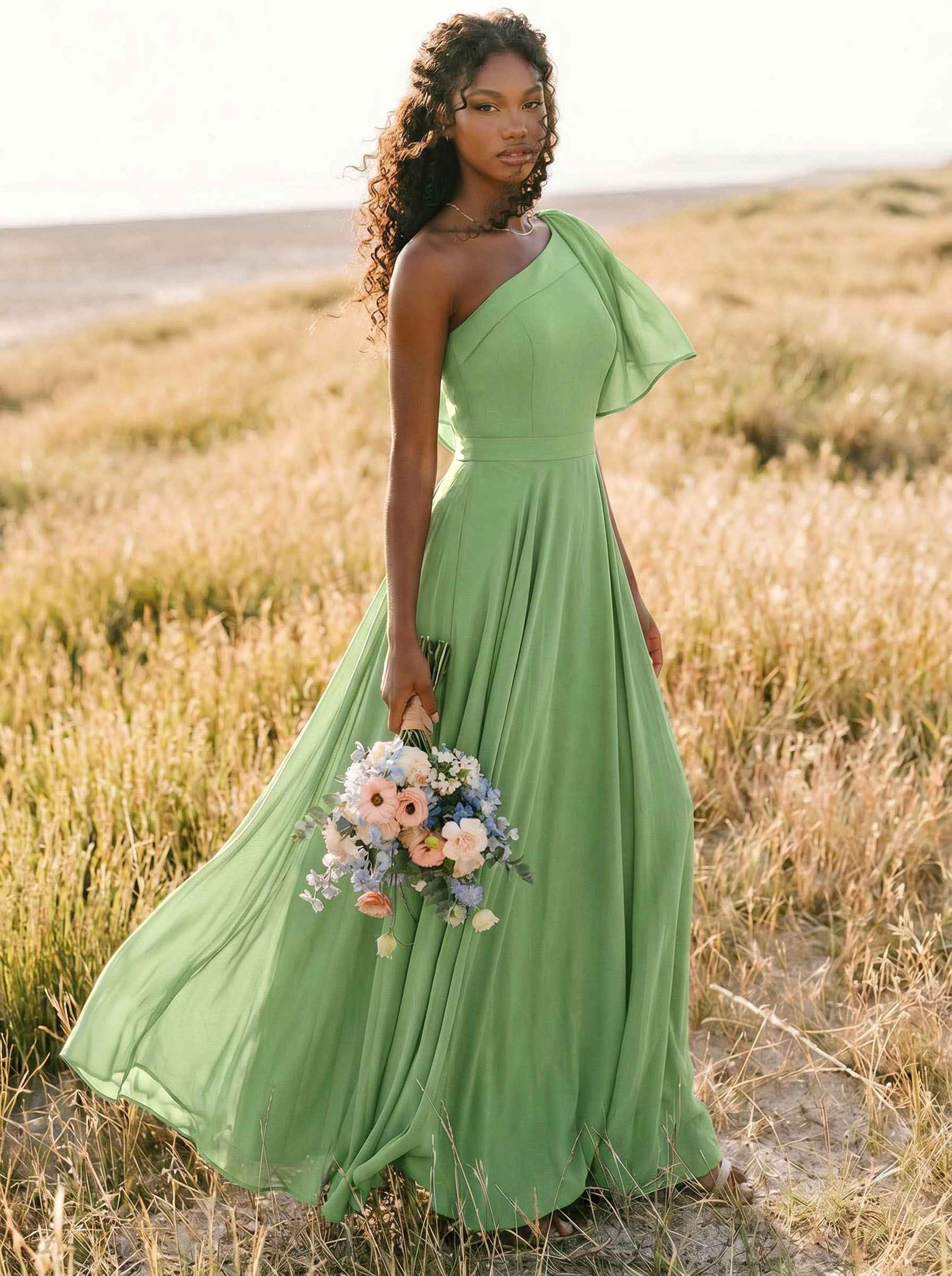 A-Line One-Shoulder Sleeveless Floor-Length Chiffon Bridesmaid Dresses With Bow(s)/Pockets, product image 270