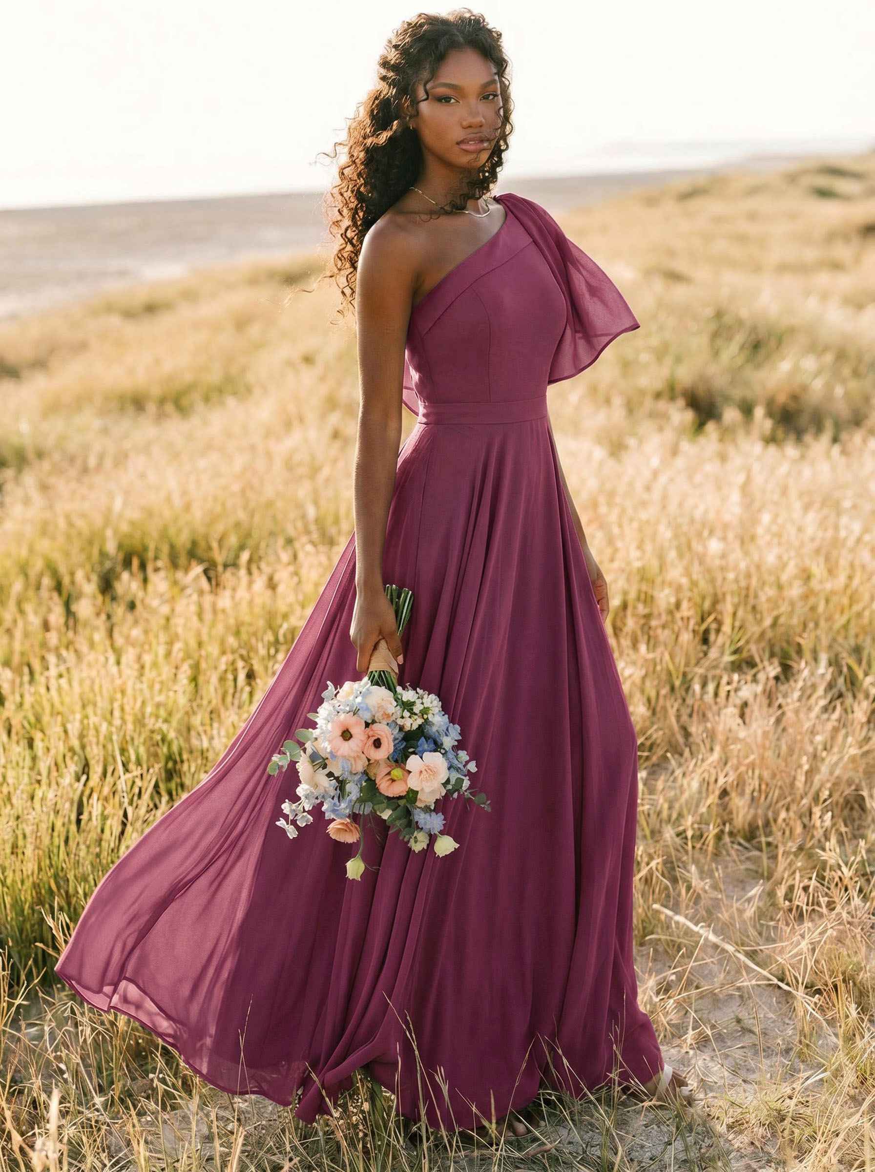 A-Line One-Shoulder Sleeveless Floor-Length Chiffon Bridesmaid Dresses With Bow(s)/Pockets, product image 170