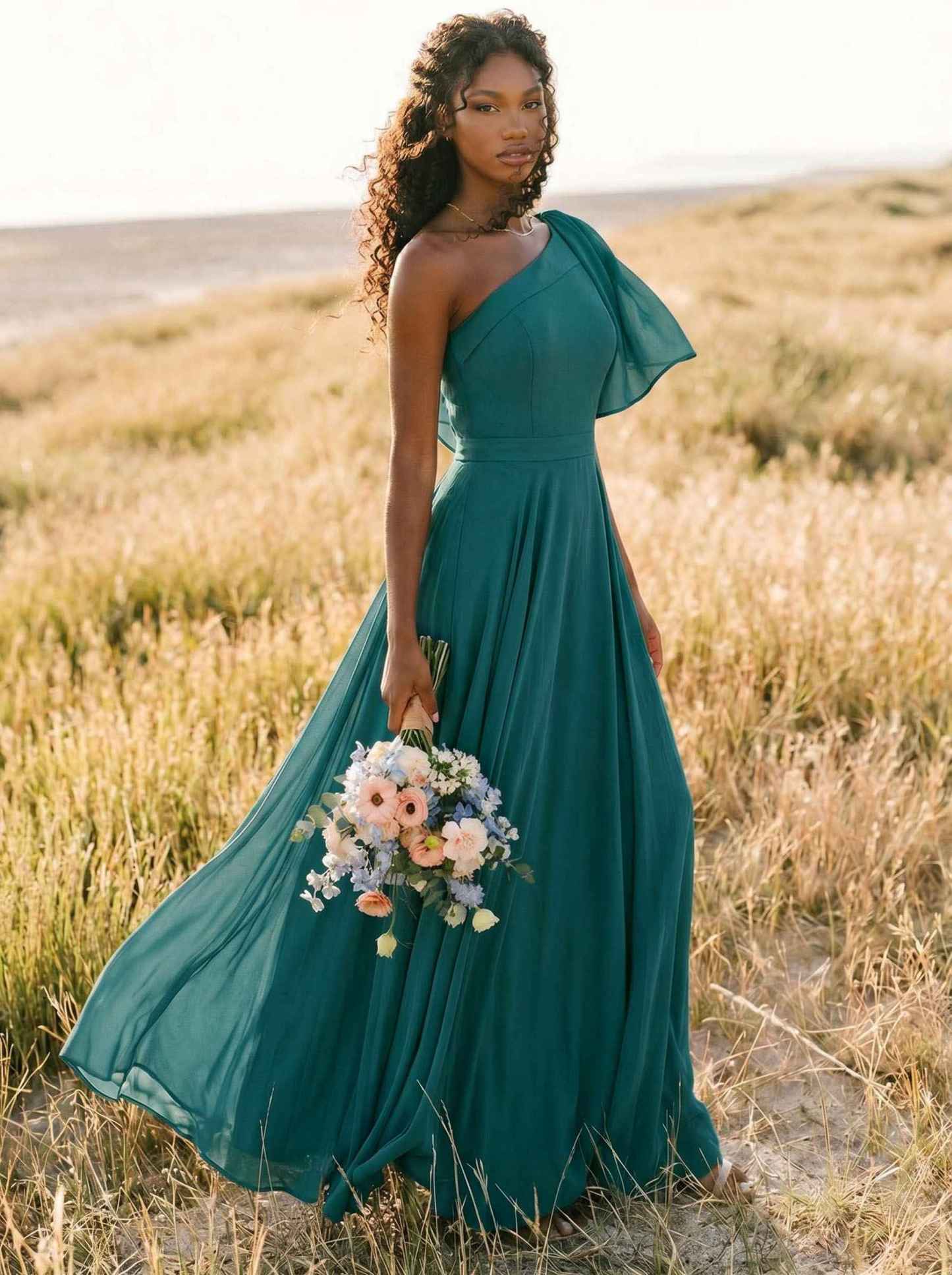 A-Line One-Shoulder Sleeveless Floor-Length Chiffon Bridesmaid Dresses With Bow(s)/Pockets, product image 222