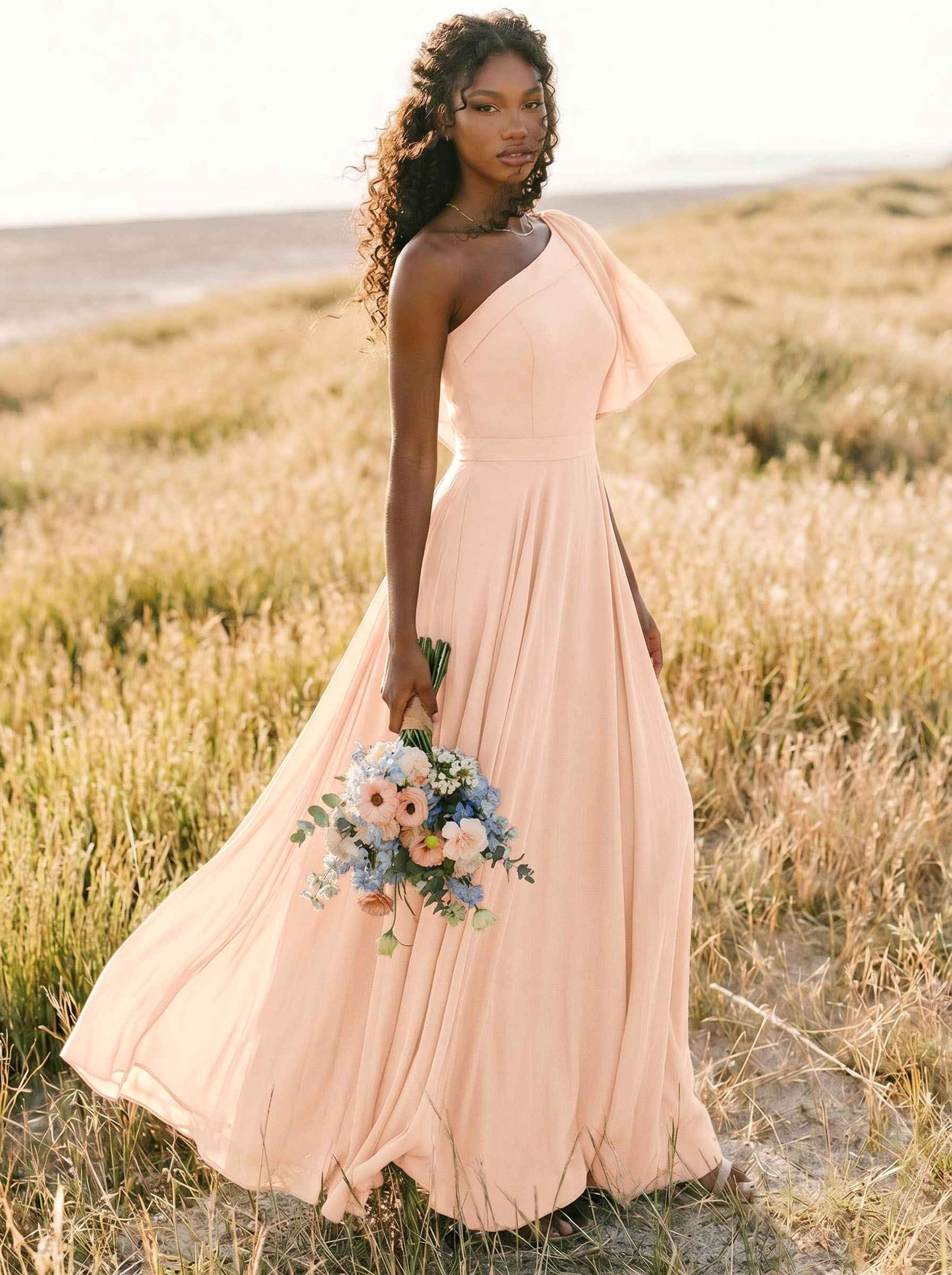 A-Line One-Shoulder Sleeveless Floor-Length Chiffon Bridesmaid Dresses With Bow(s)/Pockets, product image 180