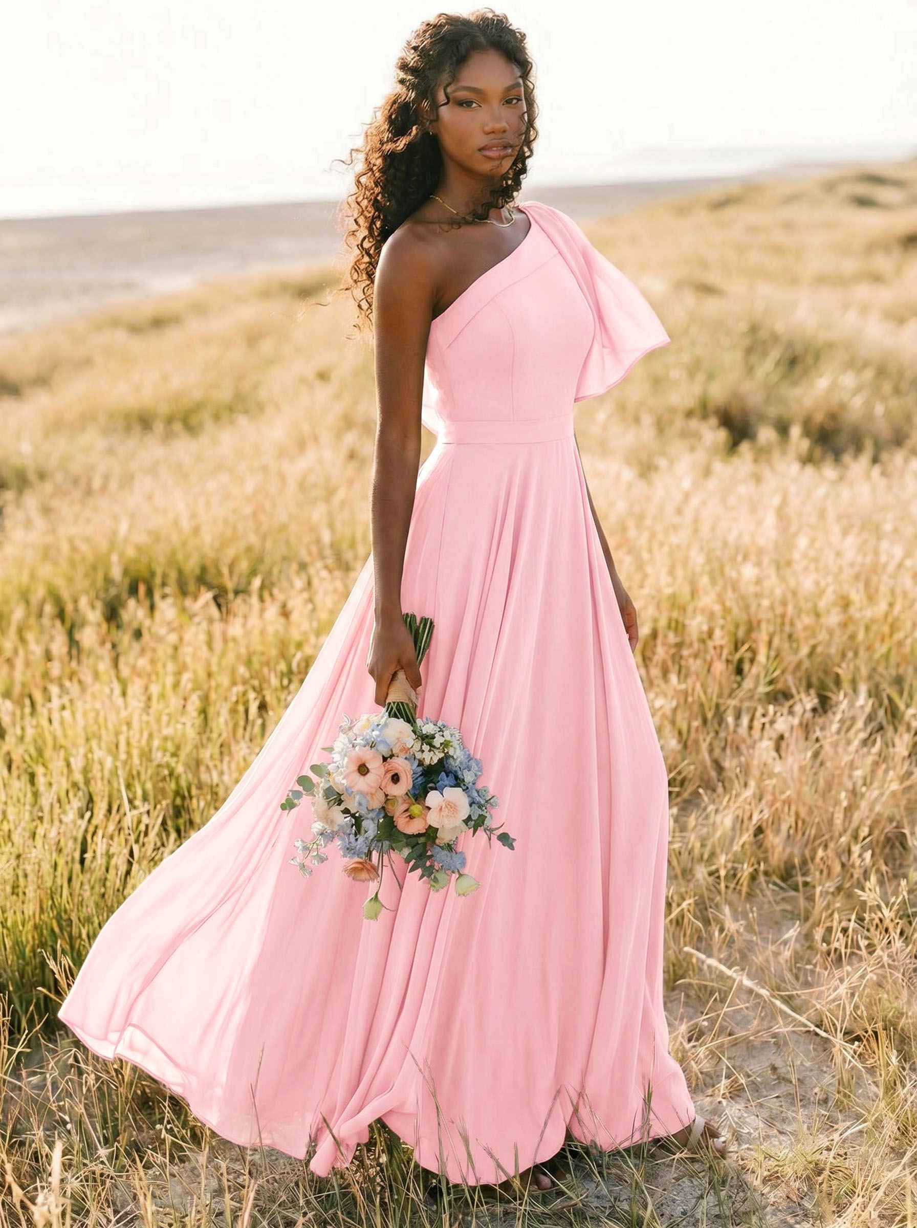 A-Line One-Shoulder Sleeveless Floor-Length Chiffon Bridesmaid Dresses With Bow(s)/Pockets, product image 184