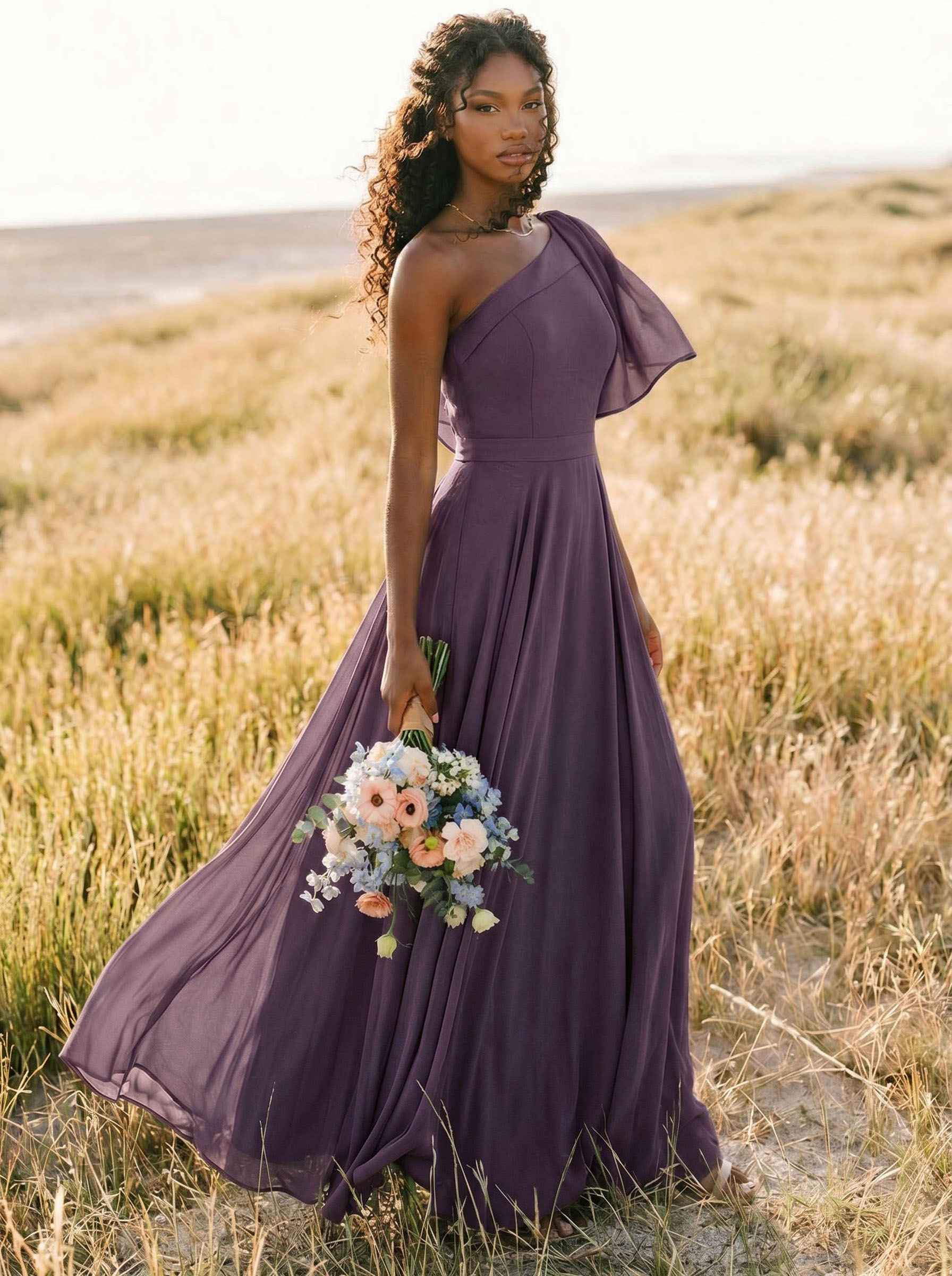 A-Line One-Shoulder Sleeveless Floor-Length Chiffon Bridesmaid Dresses With Bow(s)/Pockets, product image 206