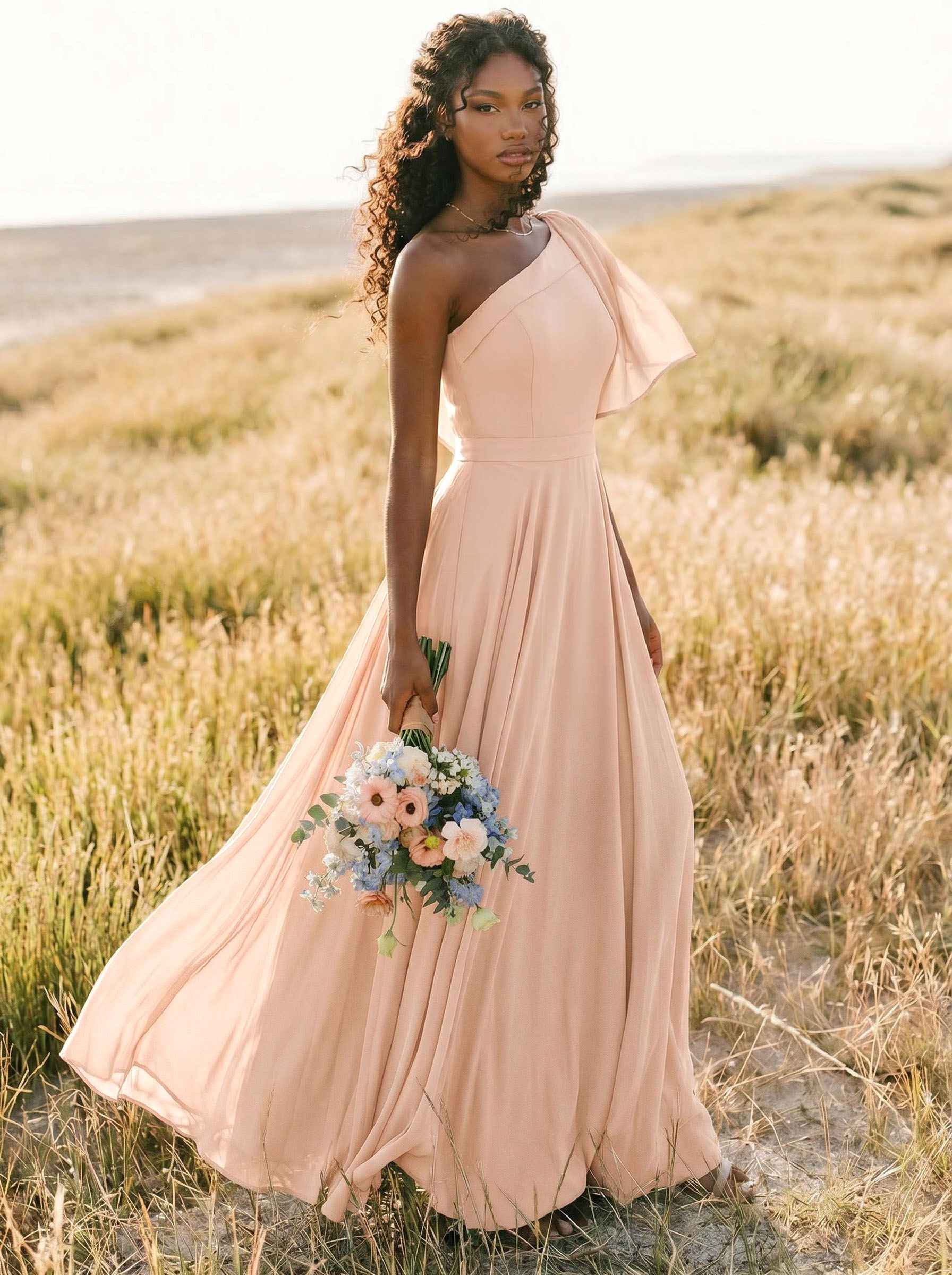 A-Line One-Shoulder Sleeveless Floor-Length Chiffon Bridesmaid Dresses With Bow(s)/Pockets, product image 264
