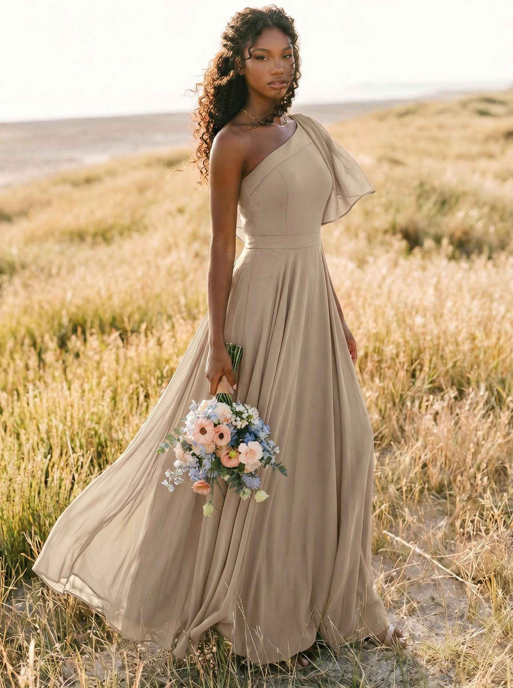 A-Line One-Shoulder Sleeveless Floor-Length Chiffon Bridesmaid Dresses With Bow(s)/Pockets, product image 236