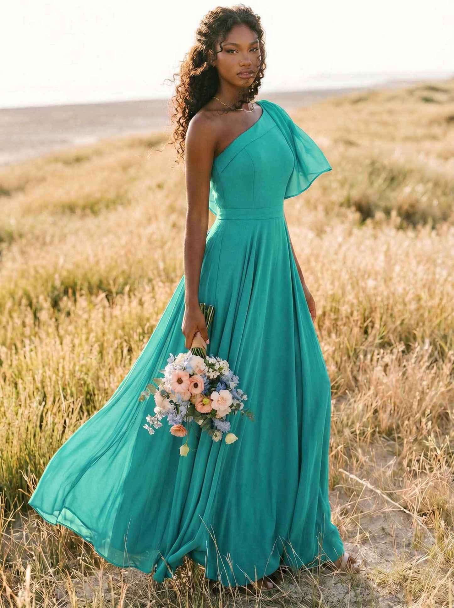 A-Line One-Shoulder Sleeveless Floor-Length Chiffon Bridesmaid Dresses With Bow(s)/Pockets, product image 274