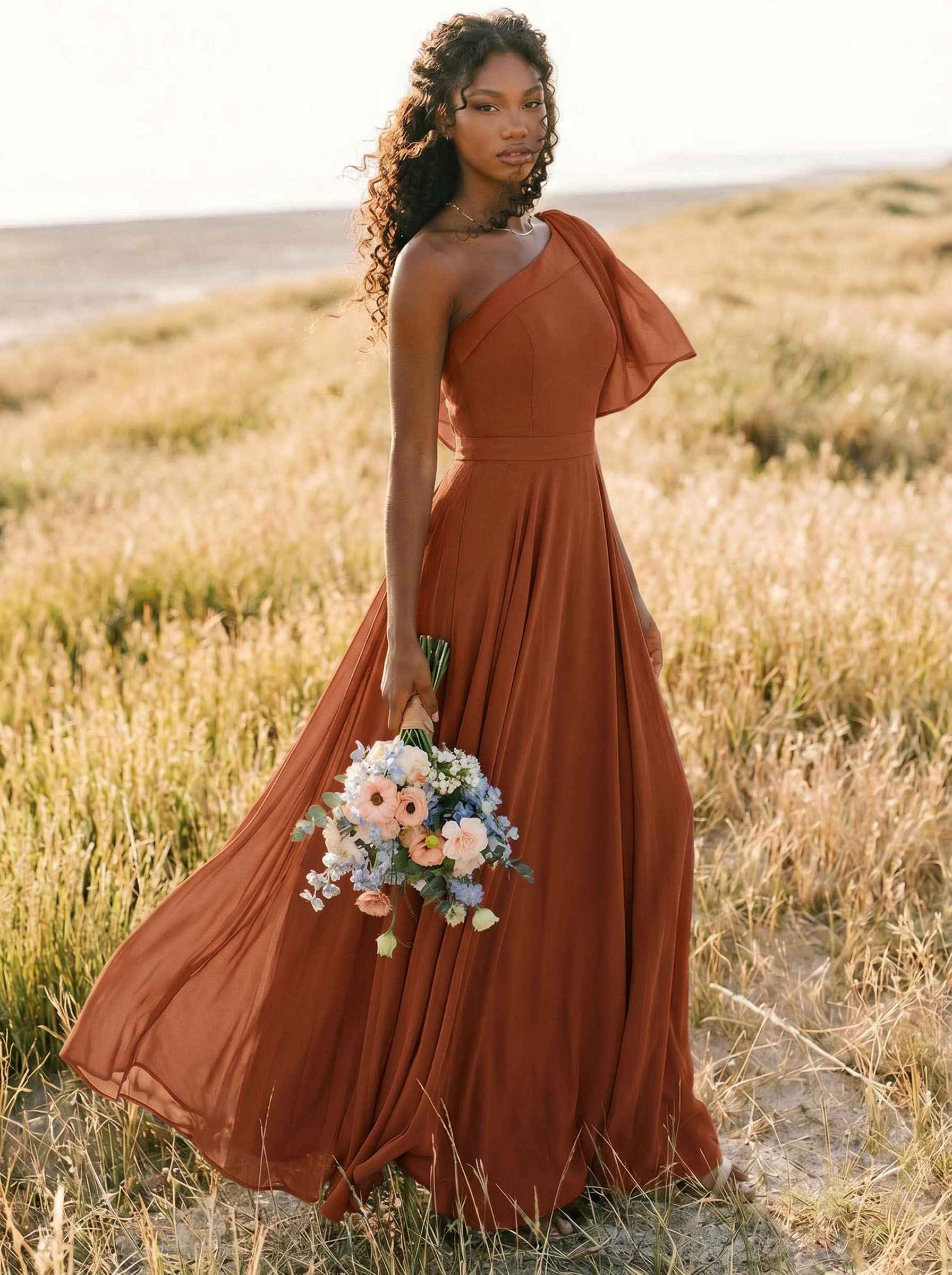 A-Line One-Shoulder Sleeveless Floor-Length Chiffon Bridesmaid Dresses With Bow(s)/Pockets, product image 272