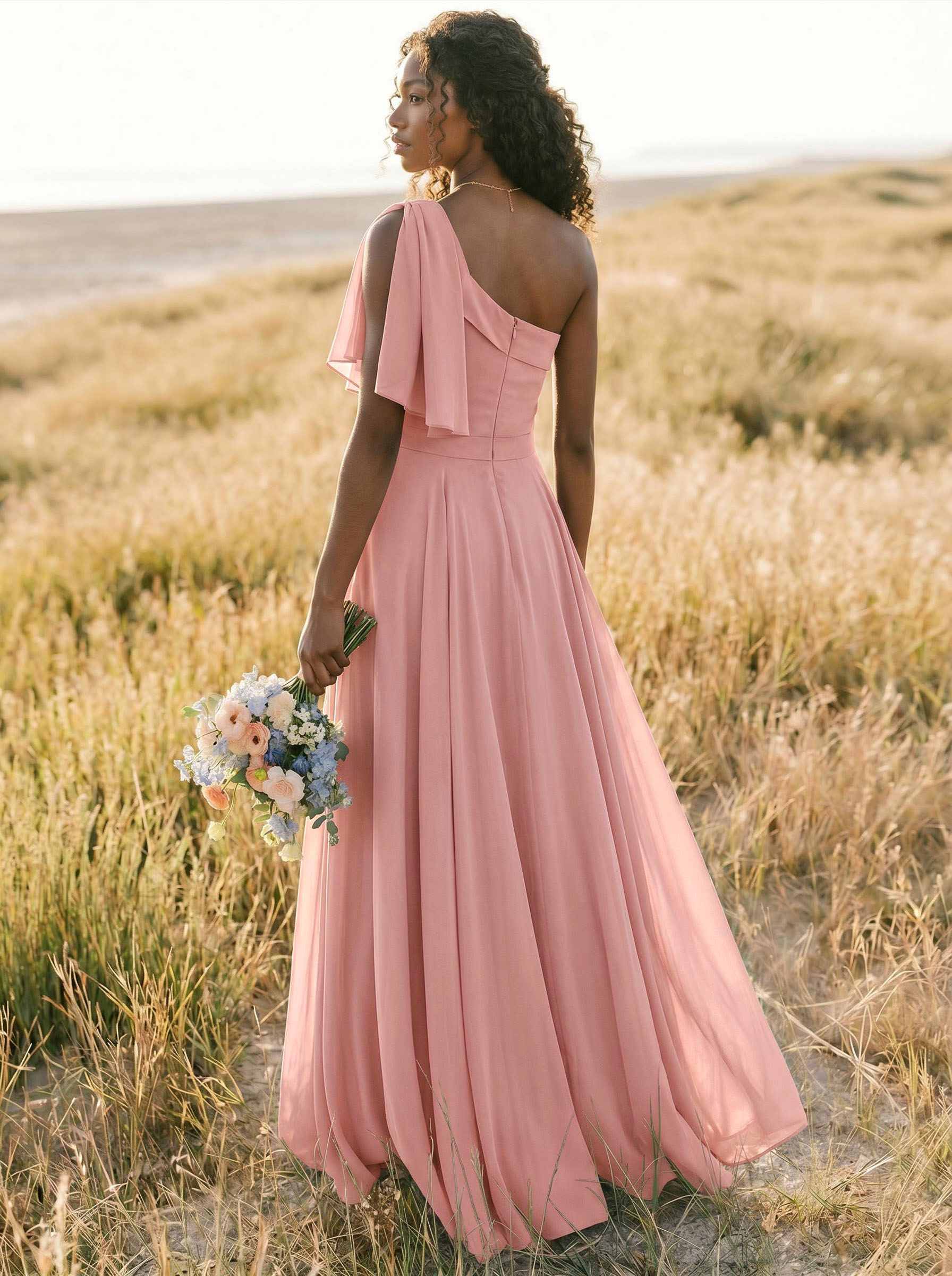 A-Line One-Shoulder Sleeveless Floor-Length Chiffon Bridesmaid Dresses With Bow(s)/Pockets, product image 183