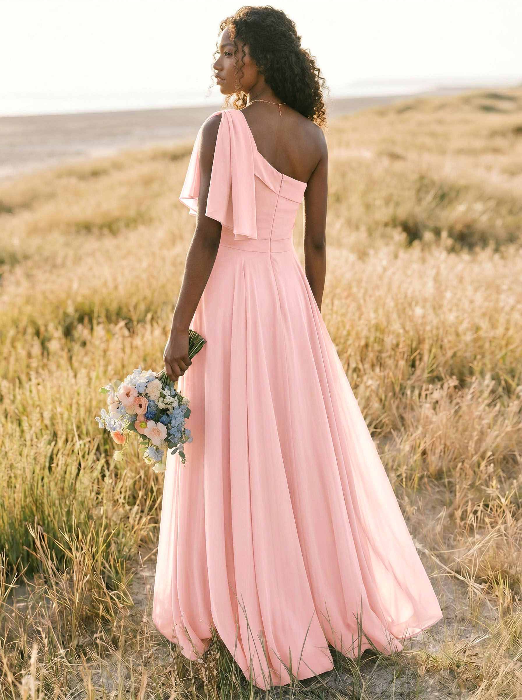 A-Line One-Shoulder Sleeveless Floor-Length Chiffon Bridesmaid Dresses With Bow(s)/Pockets, product image 189