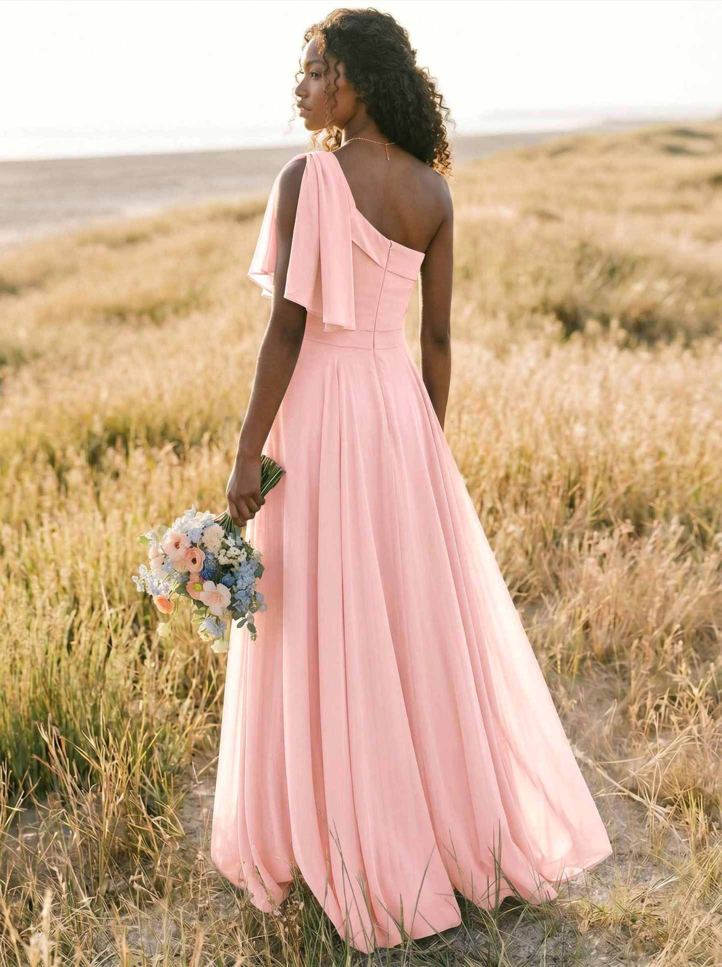 A-Line One-Shoulder Sleeveless Floor-Length Chiffon Bridesmaid Dresses With Bow(s)/Pockets, product image 189