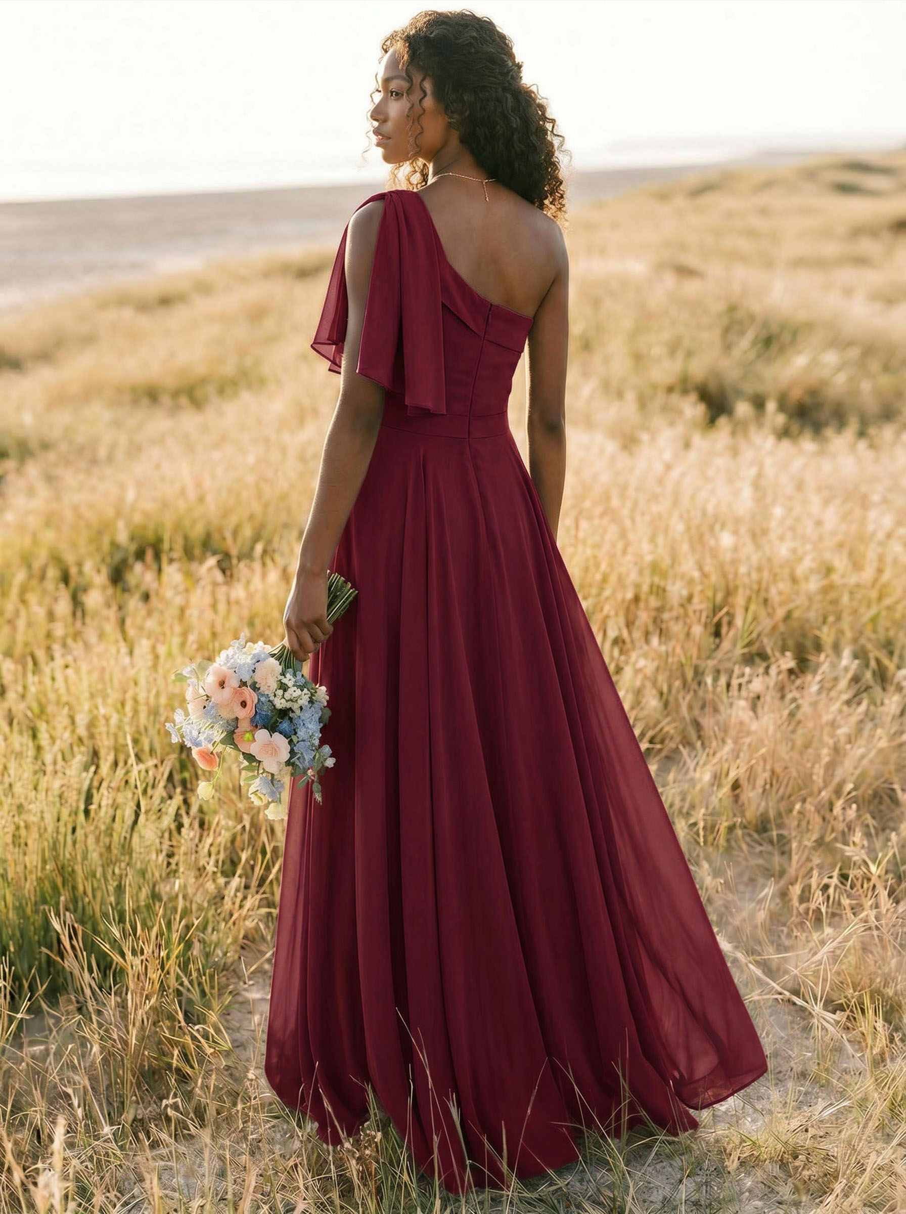 A-Line One-Shoulder Sleeveless Floor-Length Chiffon Bridesmaid Dresses With Bow(s)/Pockets, product image 167