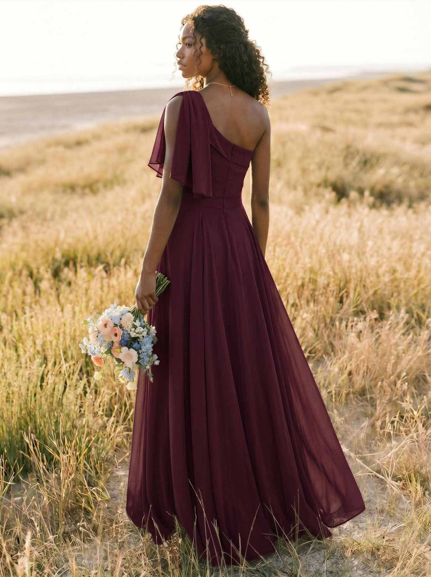 A-Line One-Shoulder Sleeveless Floor-Length Chiffon Bridesmaid Dresses With Bow(s)/Pockets, product image 165