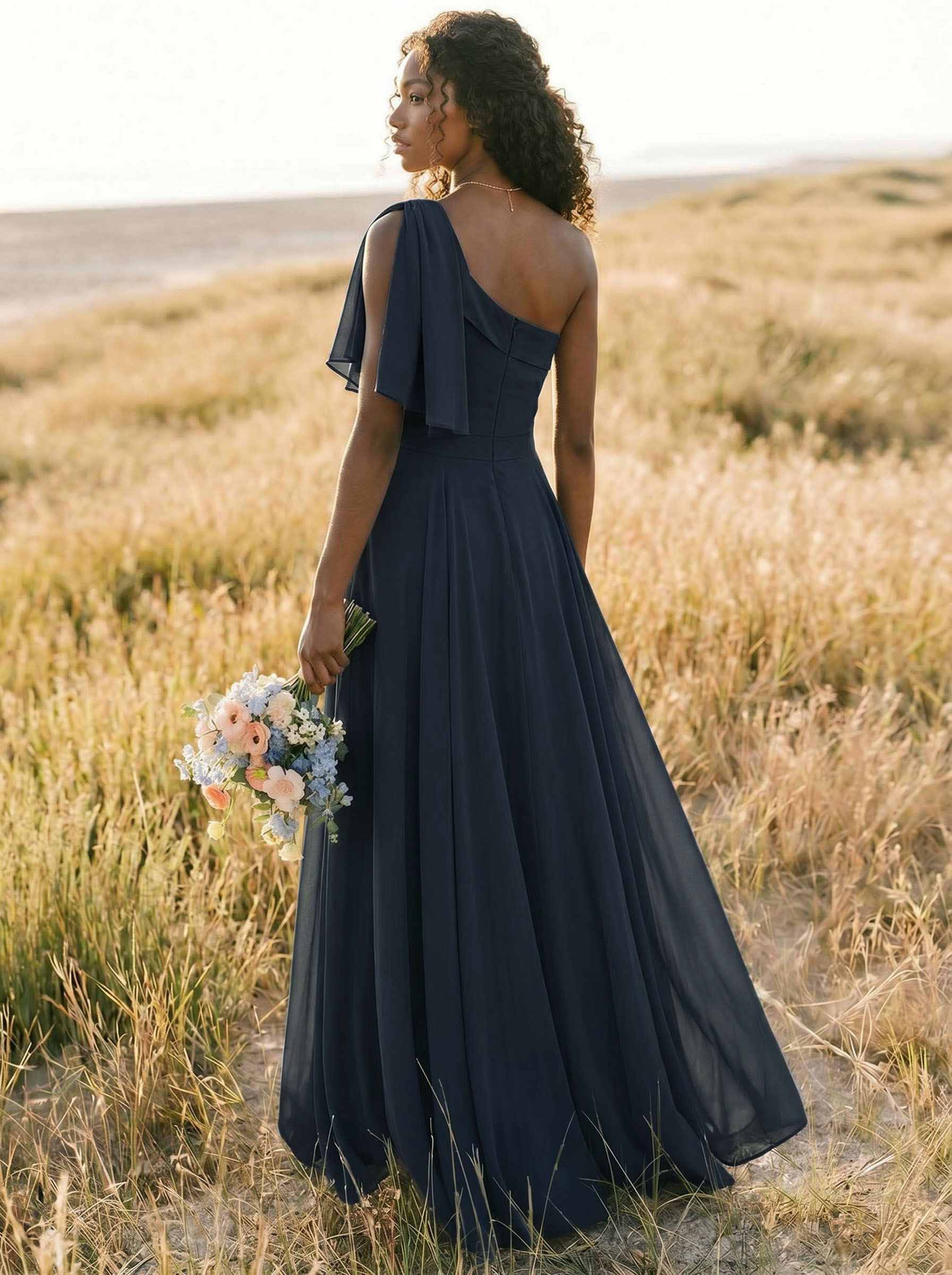 A-Line One-Shoulder Sleeveless Floor-Length Chiffon Bridesmaid Dresses With Bow(s)/Pockets, product image 143
