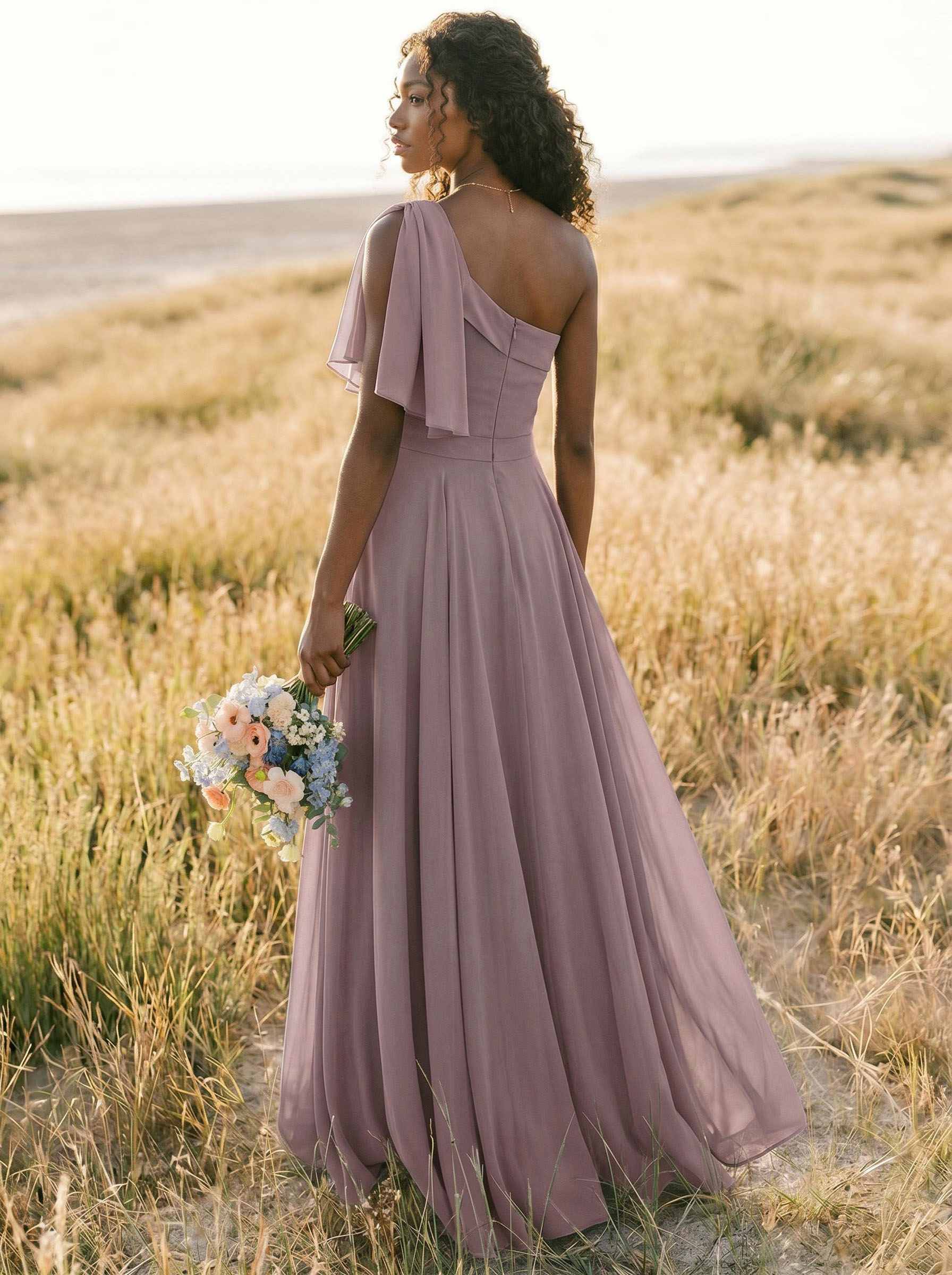 A-Line One-Shoulder Sleeveless Floor-Length Chiffon Bridesmaid Dresses With Bow(s)/Pockets, product image 193