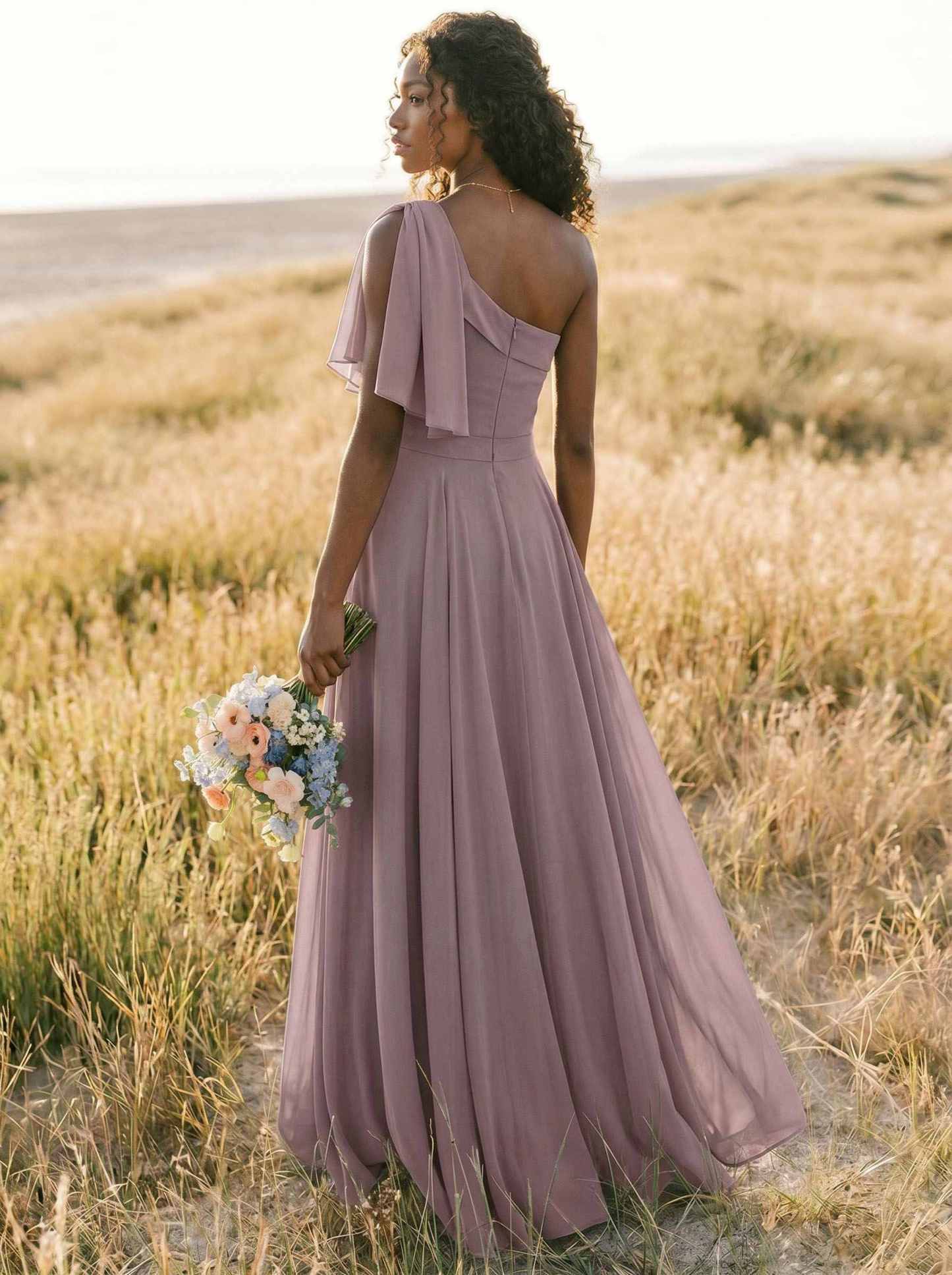 A-Line One-Shoulder Sleeveless Floor-Length Chiffon Bridesmaid Dresses With Bow(s)/Pockets, product image 193