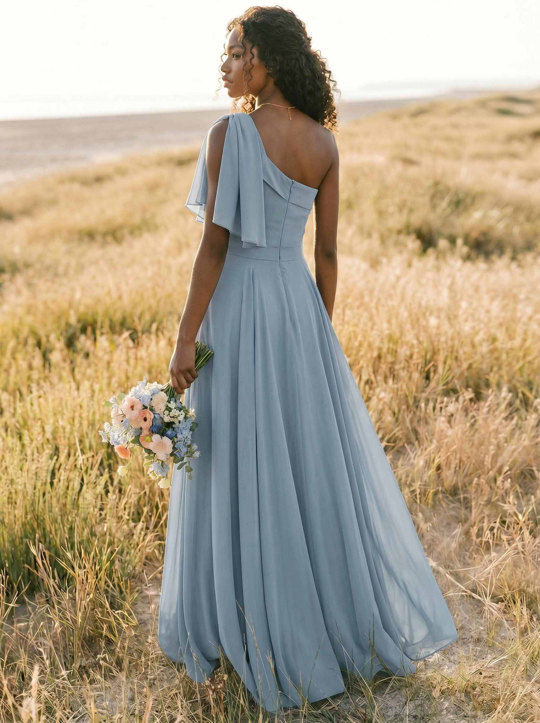 A-Line One-Shoulder Sleeveless Floor-Length Chiffon Bridesmaid Dresses With Bow(s)/Pockets, product image 147