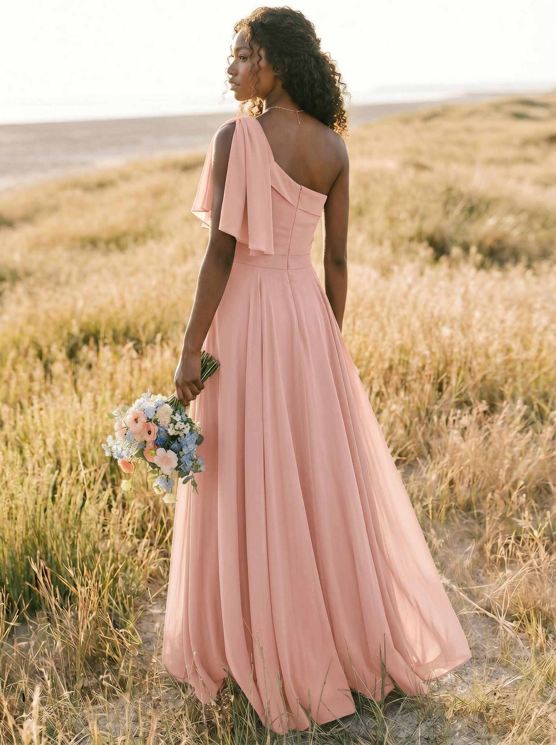 A-Line One-Shoulder Sleeveless Floor-Length Chiffon Bridesmaid Dresses With Bow(s)/Pockets, product image 179