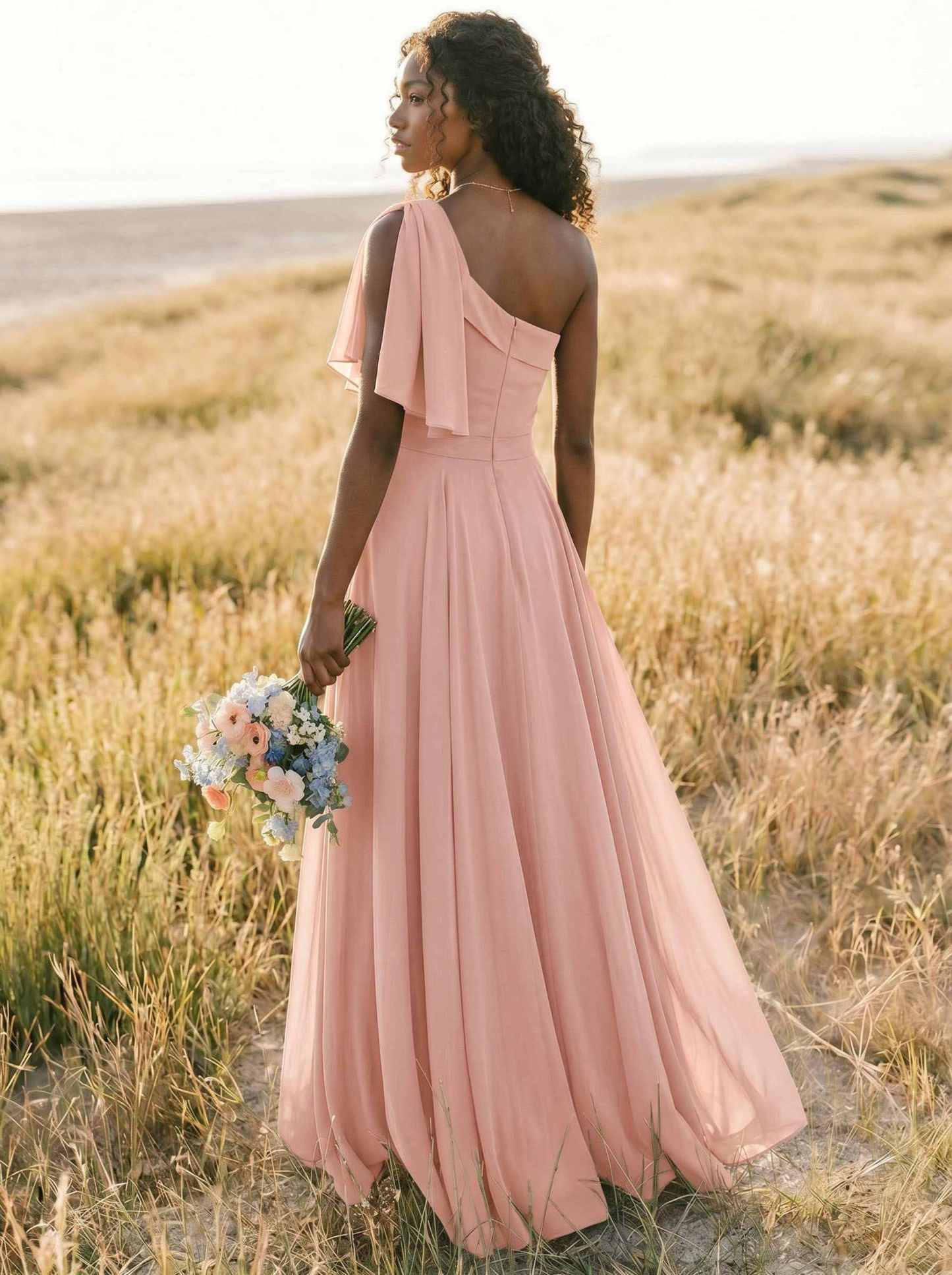 A-Line One-Shoulder Sleeveless Floor-Length Chiffon Bridesmaid Dresses With Bow(s)/Pockets, product image 179