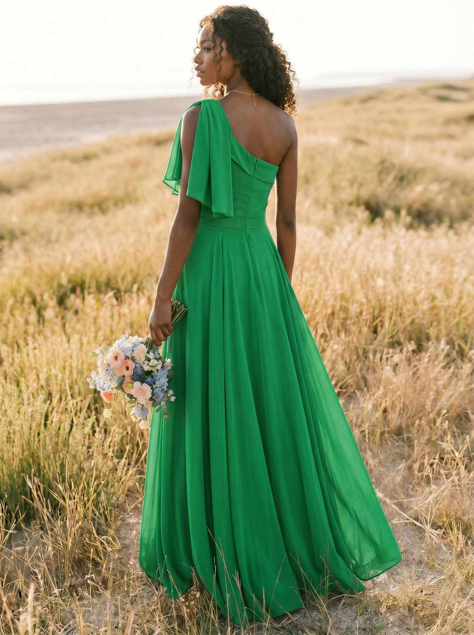 A-Line One-Shoulder Sleeveless Floor-Length Chiffon Bridesmaid Dresses With Bow(s)/Pockets, product image 267