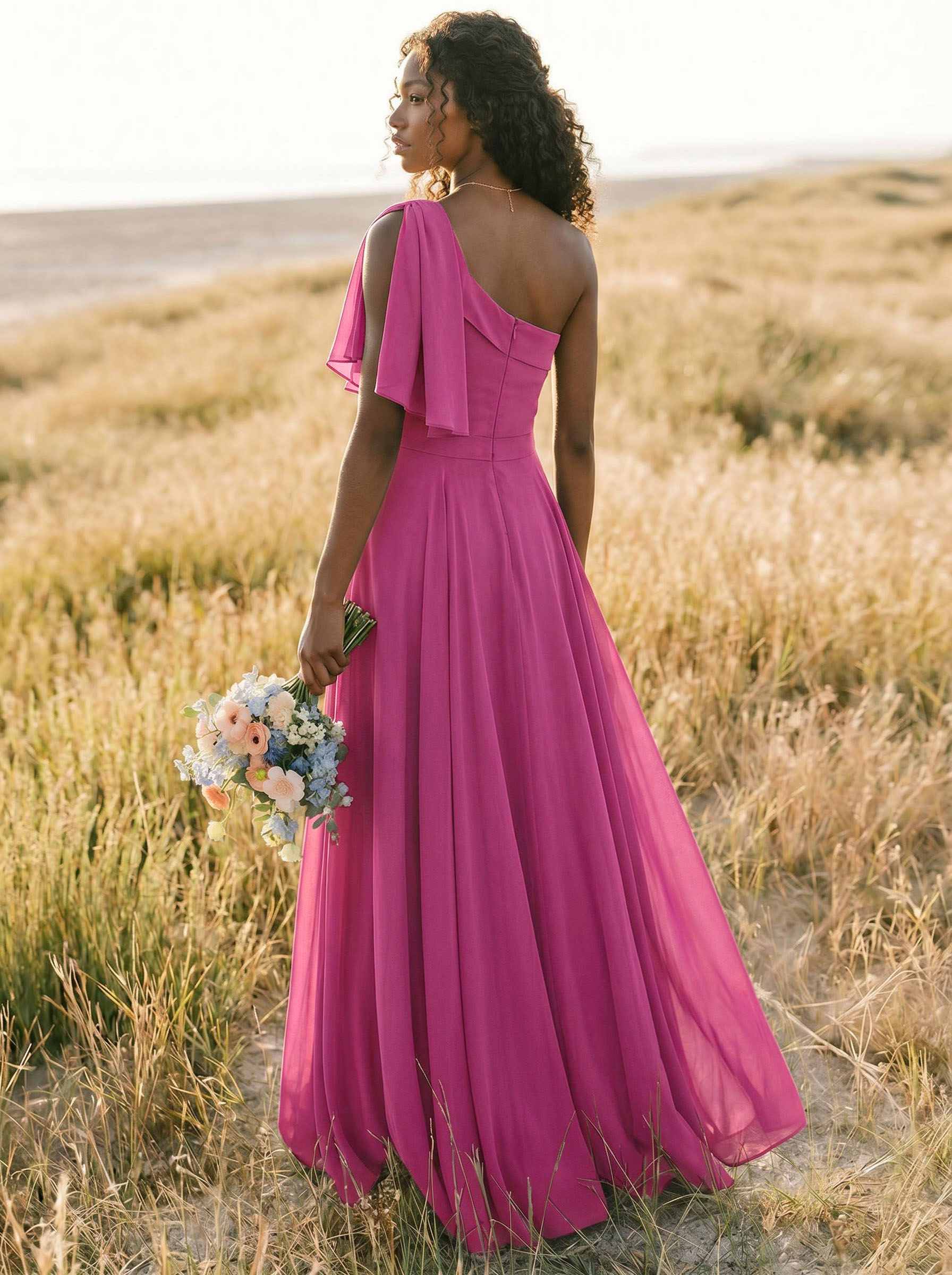 A-Line One-Shoulder Sleeveless Floor-Length Chiffon Bridesmaid Dresses With Bow(s)/Pockets, product image 215