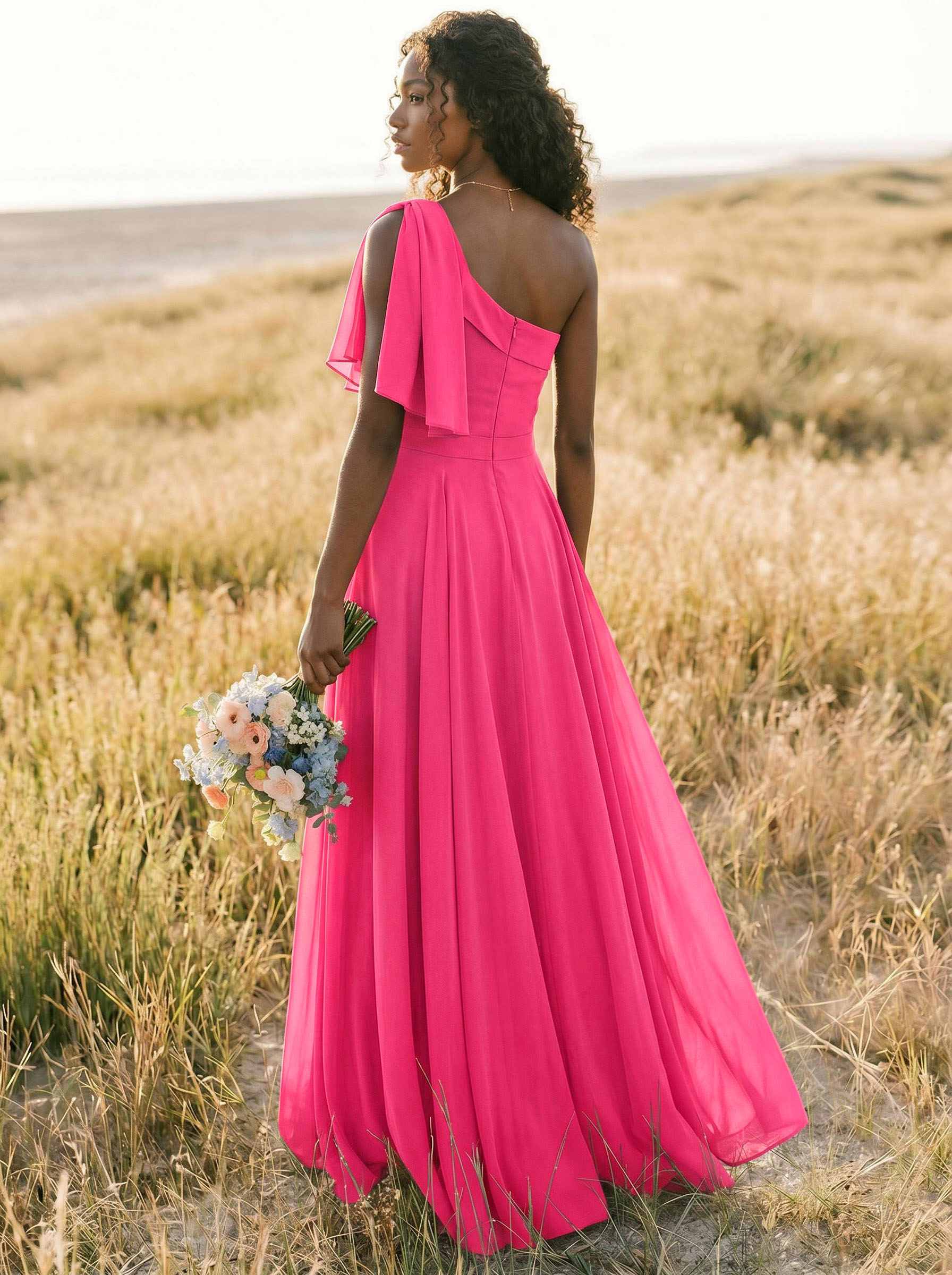 A-Line One-Shoulder Sleeveless Floor-Length Chiffon Bridesmaid Dresses With Bow(s)/Pockets, product image 213