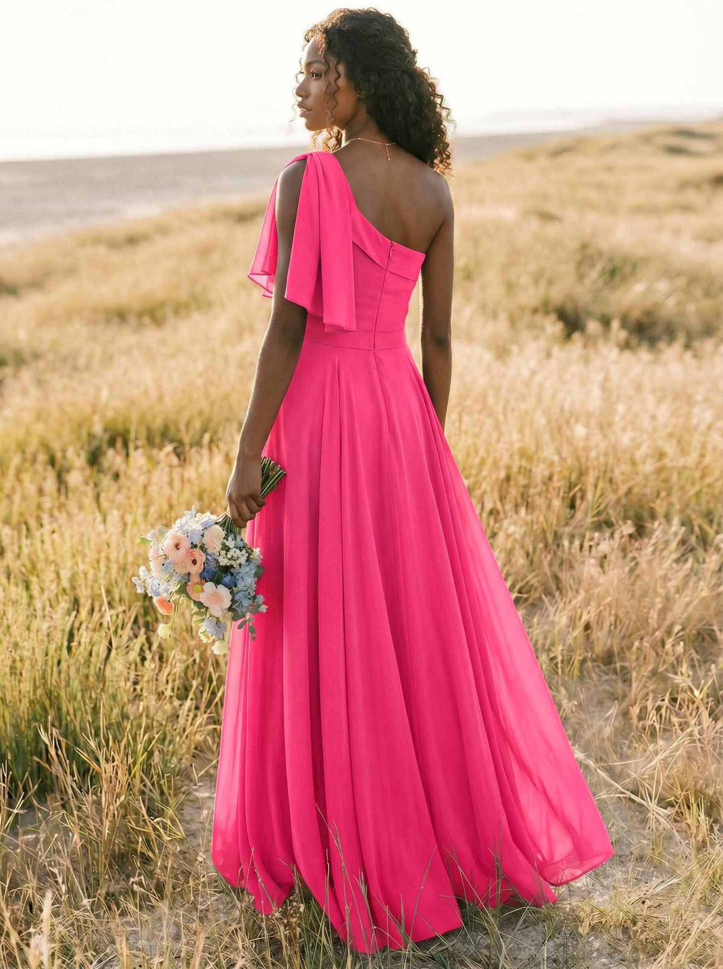 A-Line One-Shoulder Sleeveless Floor-Length Chiffon Bridesmaid Dresses With Bow(s)/Pockets, product image 213