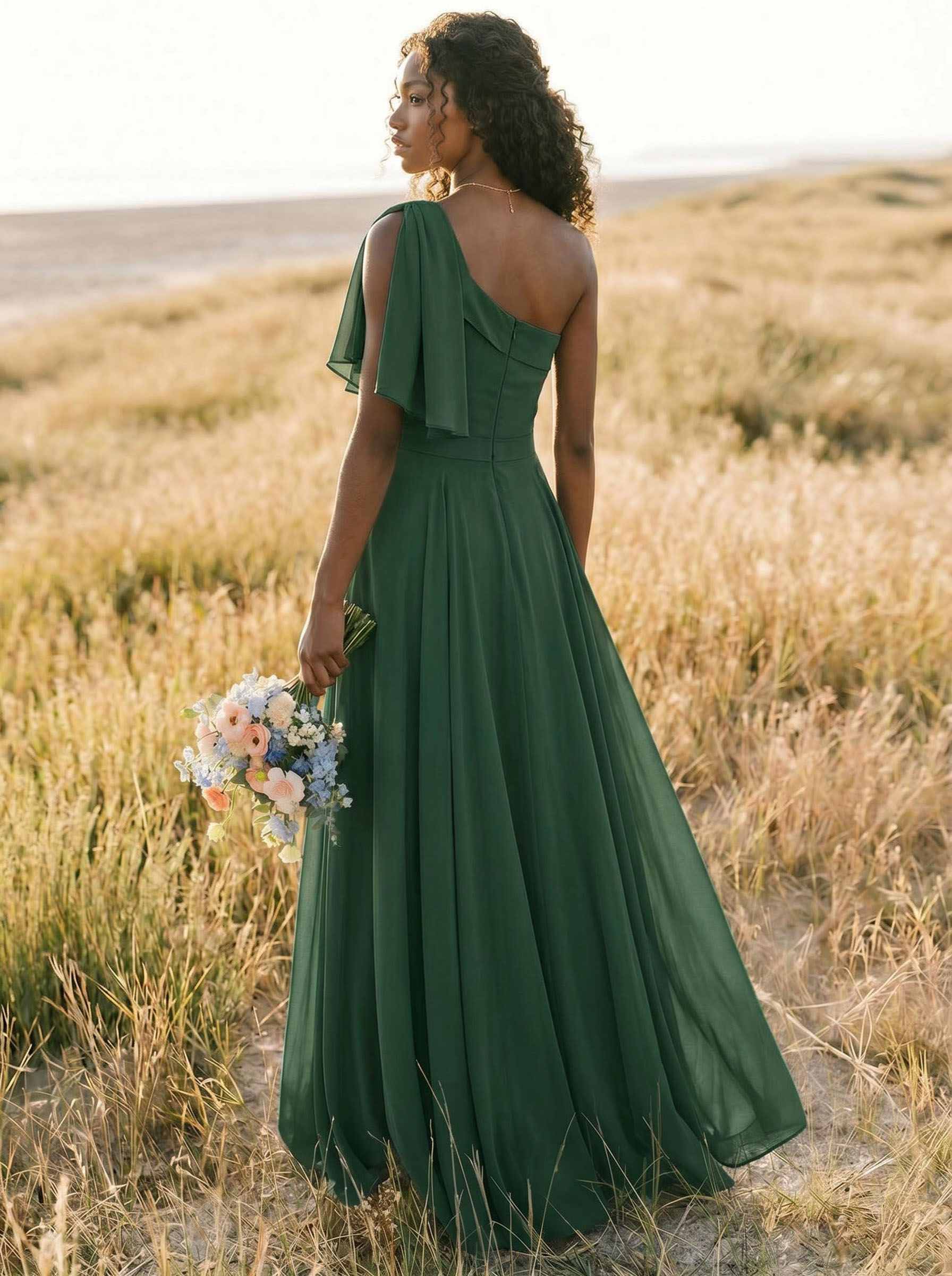 A-Line One-Shoulder Sleeveless Floor-Length Chiffon Bridesmaid Dresses With Bow(s)/Pockets, product image 221