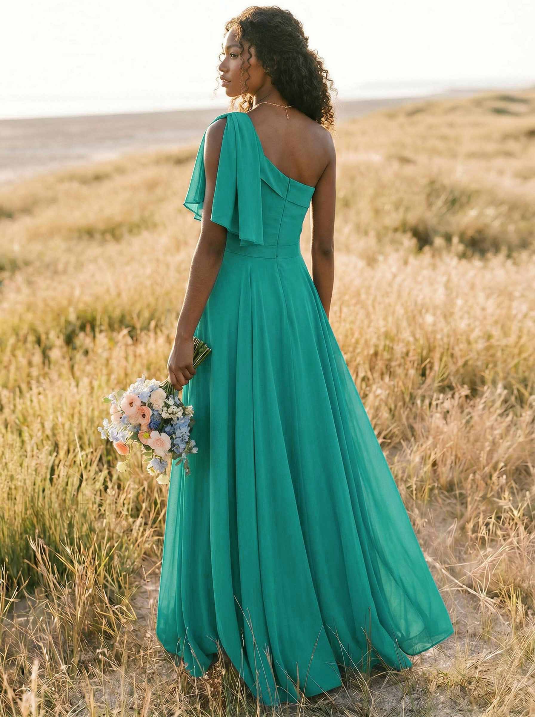A-Line One-Shoulder Sleeveless Floor-Length Chiffon Bridesmaid Dresses With Bow(s)/Pockets, product image 225