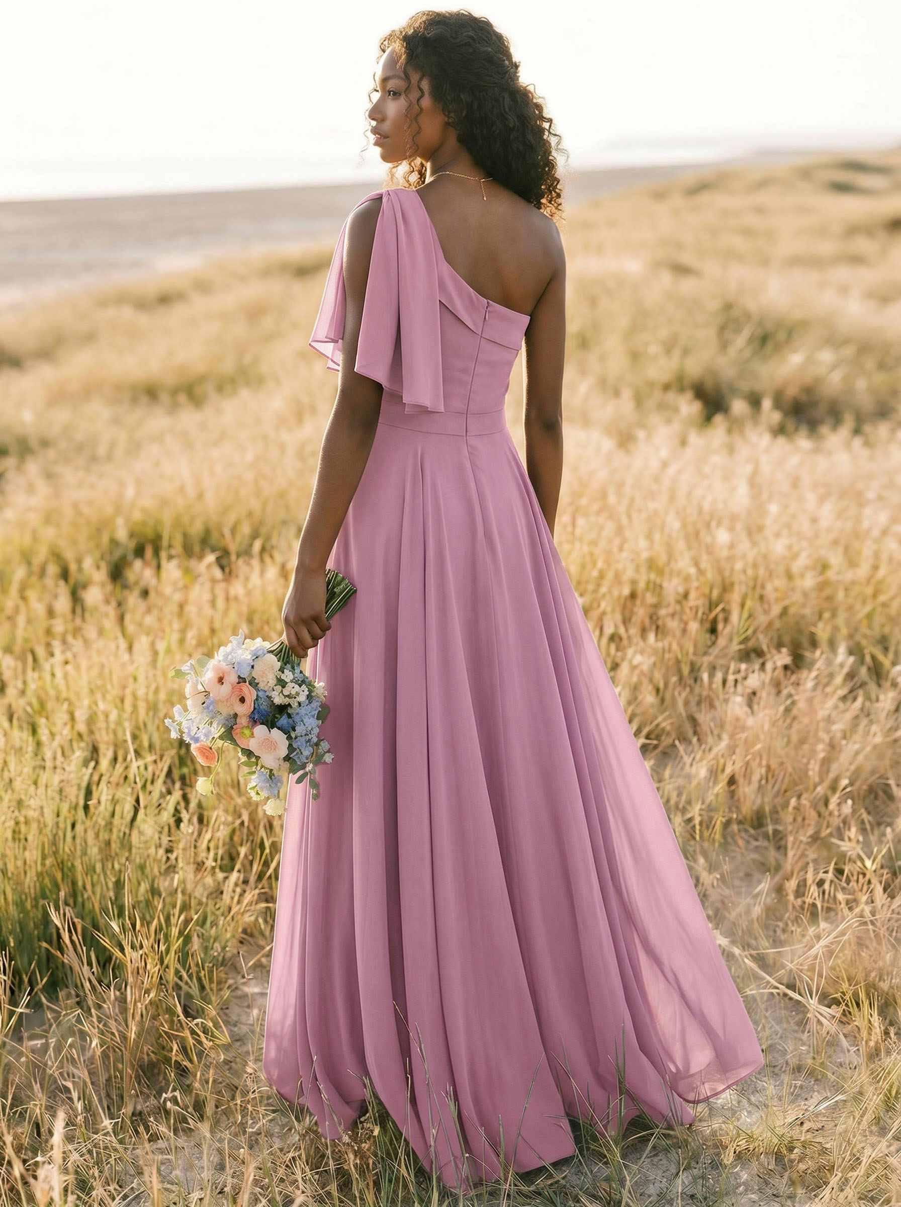 A-Line One-Shoulder Sleeveless Floor-Length Chiffon Bridesmaid Dresses With Bow(s)/Pockets, product image 199