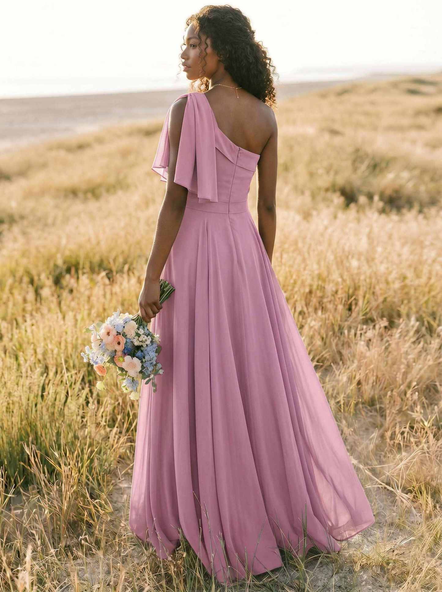 A-Line One-Shoulder Sleeveless Floor-Length Chiffon Bridesmaid Dresses With Bow(s)/Pockets, product image 199