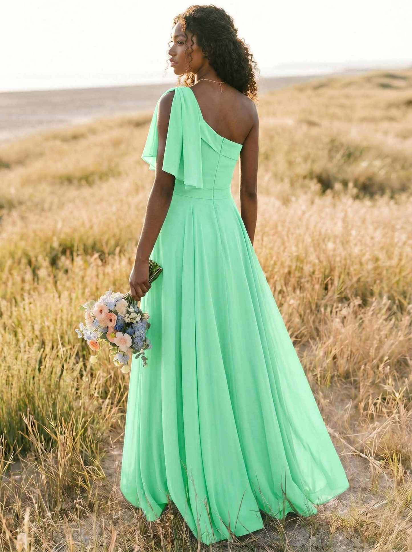 A-Line One-Shoulder Sleeveless Floor-Length Chiffon Bridesmaid Dresses With Bow(s)/Pockets, product image 231