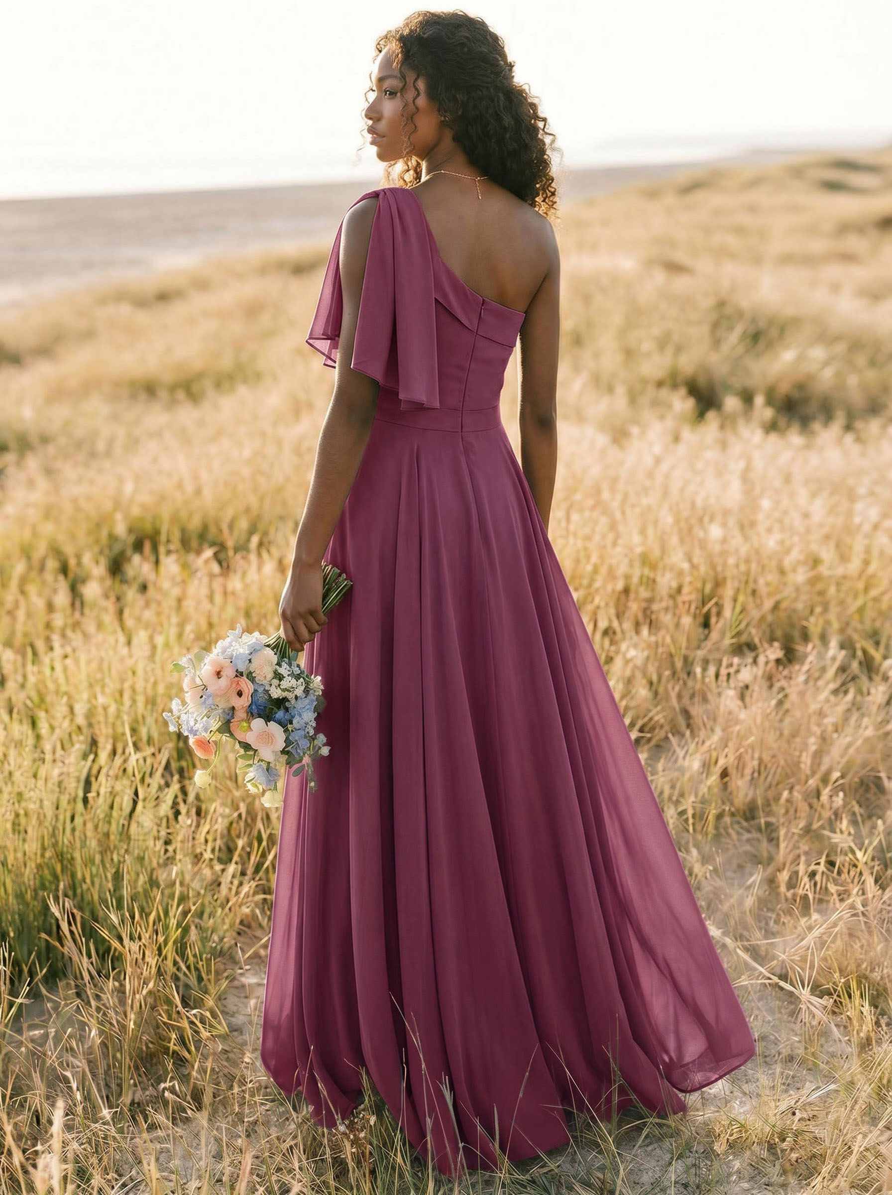 A-Line One-Shoulder Sleeveless Floor-Length Chiffon Bridesmaid Dresses With Bow(s)/Pockets, product image 171