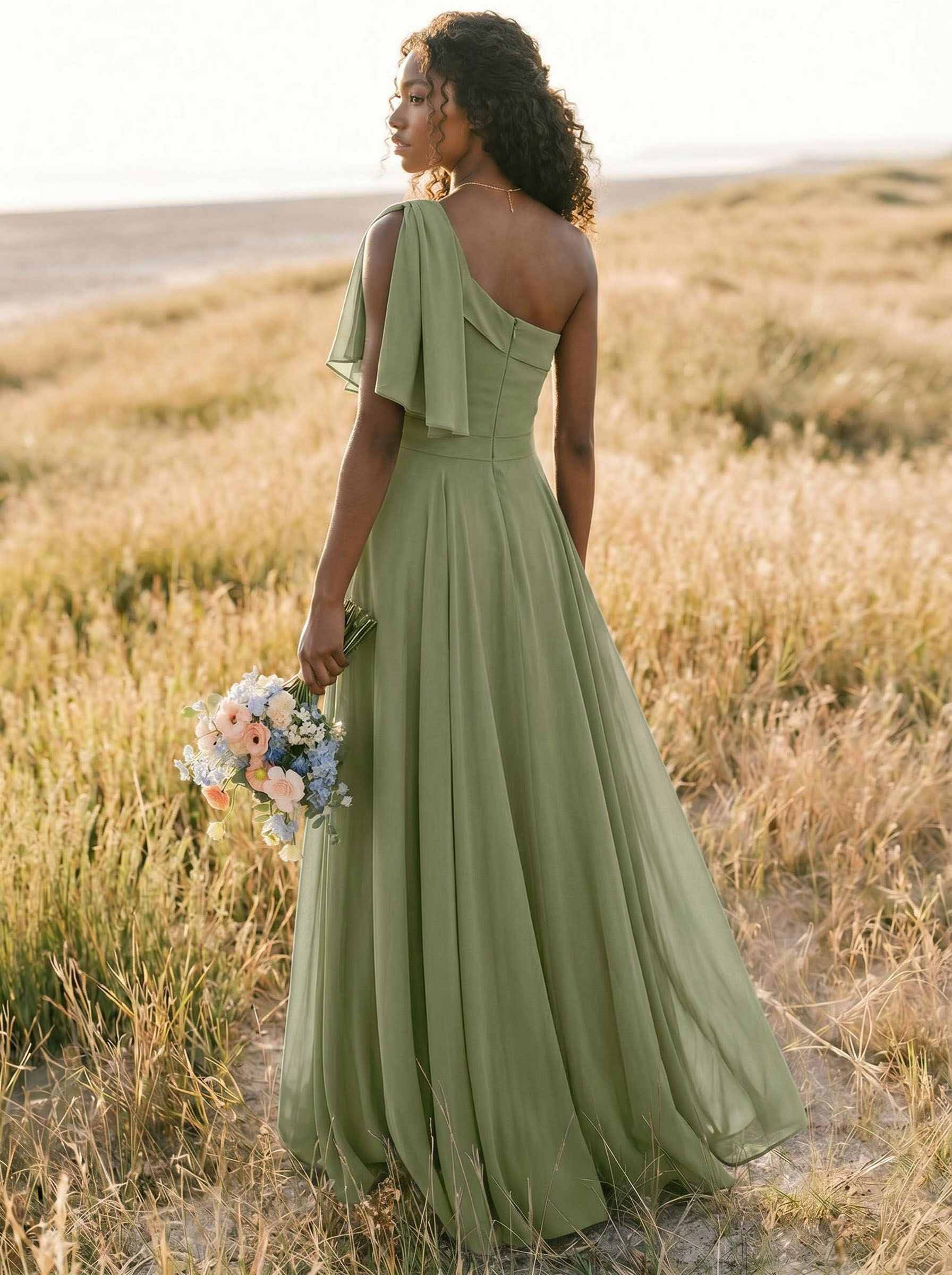 A-Line One-Shoulder Sleeveless Floor-Length Chiffon Bridesmaid Dresses With Bow(s)/Pockets, product image 259