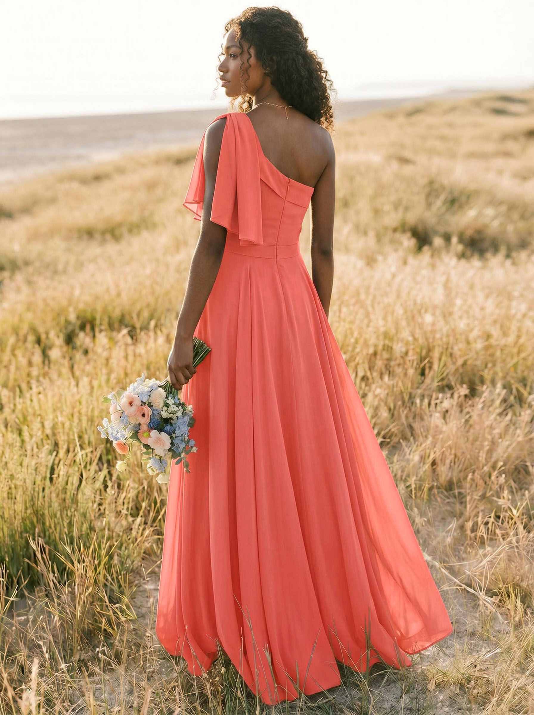 A-Line One-Shoulder Sleeveless Floor-Length Chiffon Bridesmaid Dresses With Bow(s)/Pockets, product image 245