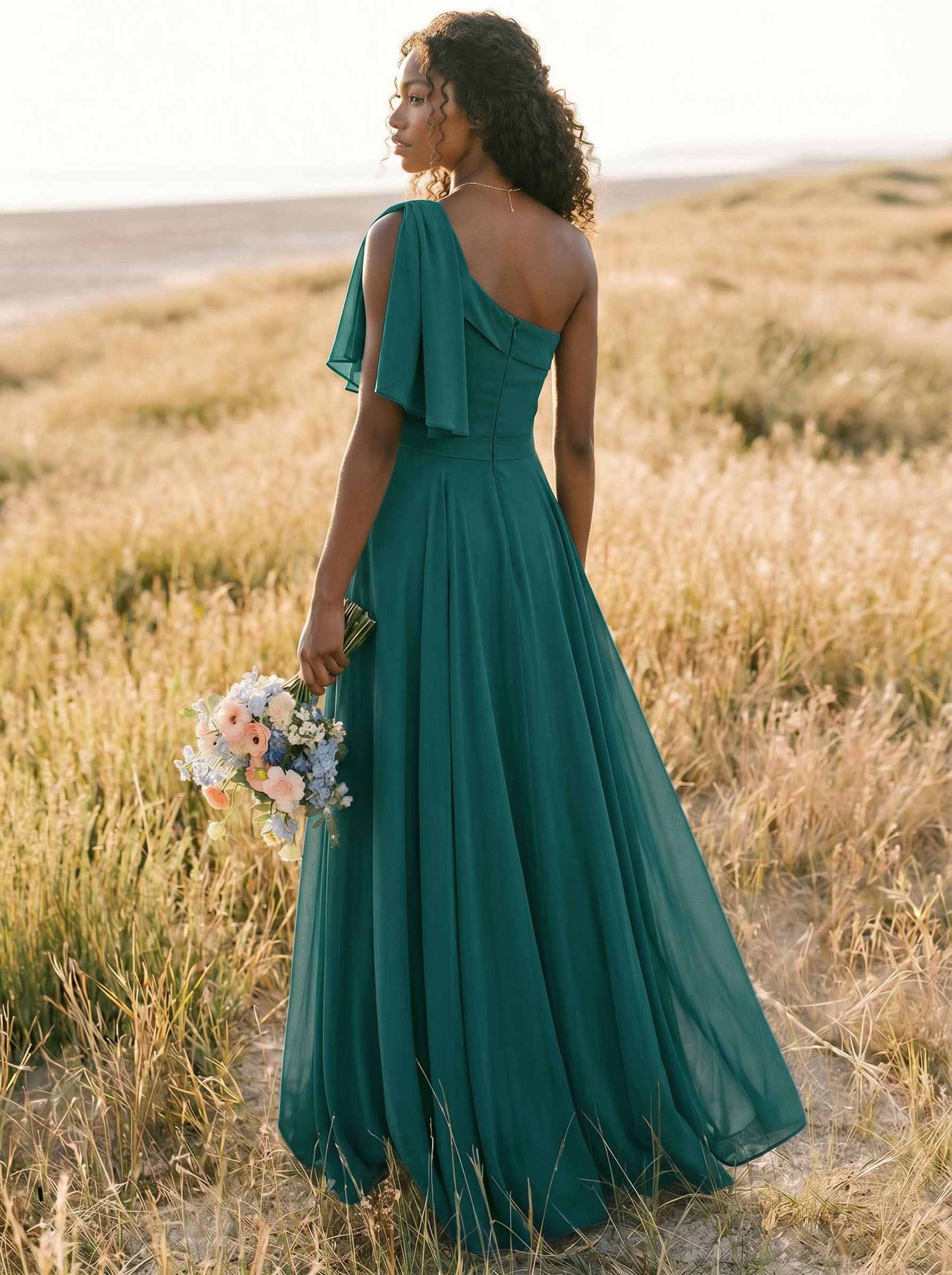 A-Line One-Shoulder Sleeveless Floor-Length Chiffon Bridesmaid Dresses With Bow(s)/Pockets, product image 223