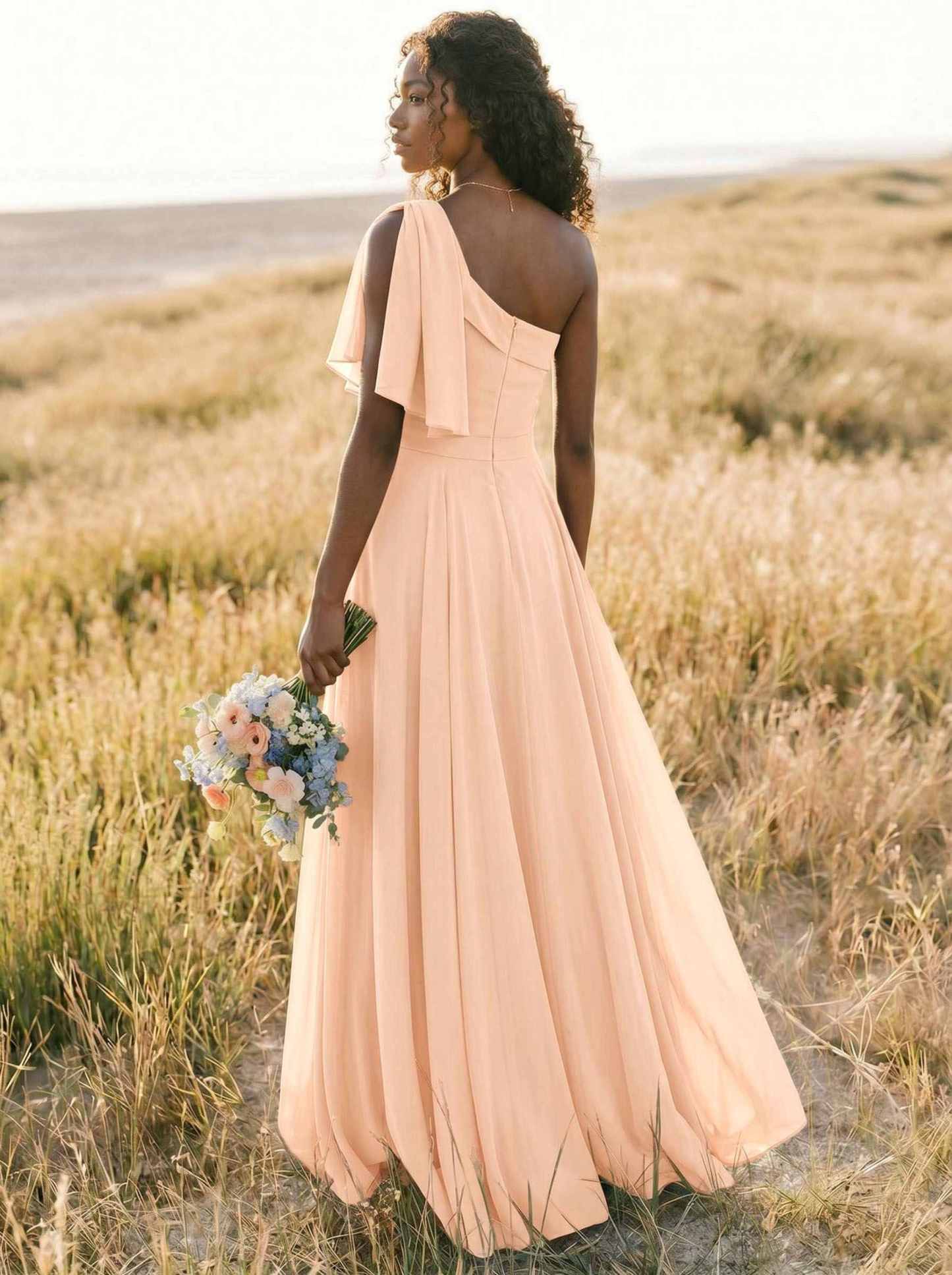 A-Line One-Shoulder Sleeveless Floor-Length Chiffon Bridesmaid Dresses With Bow(s)/Pockets, product image 181