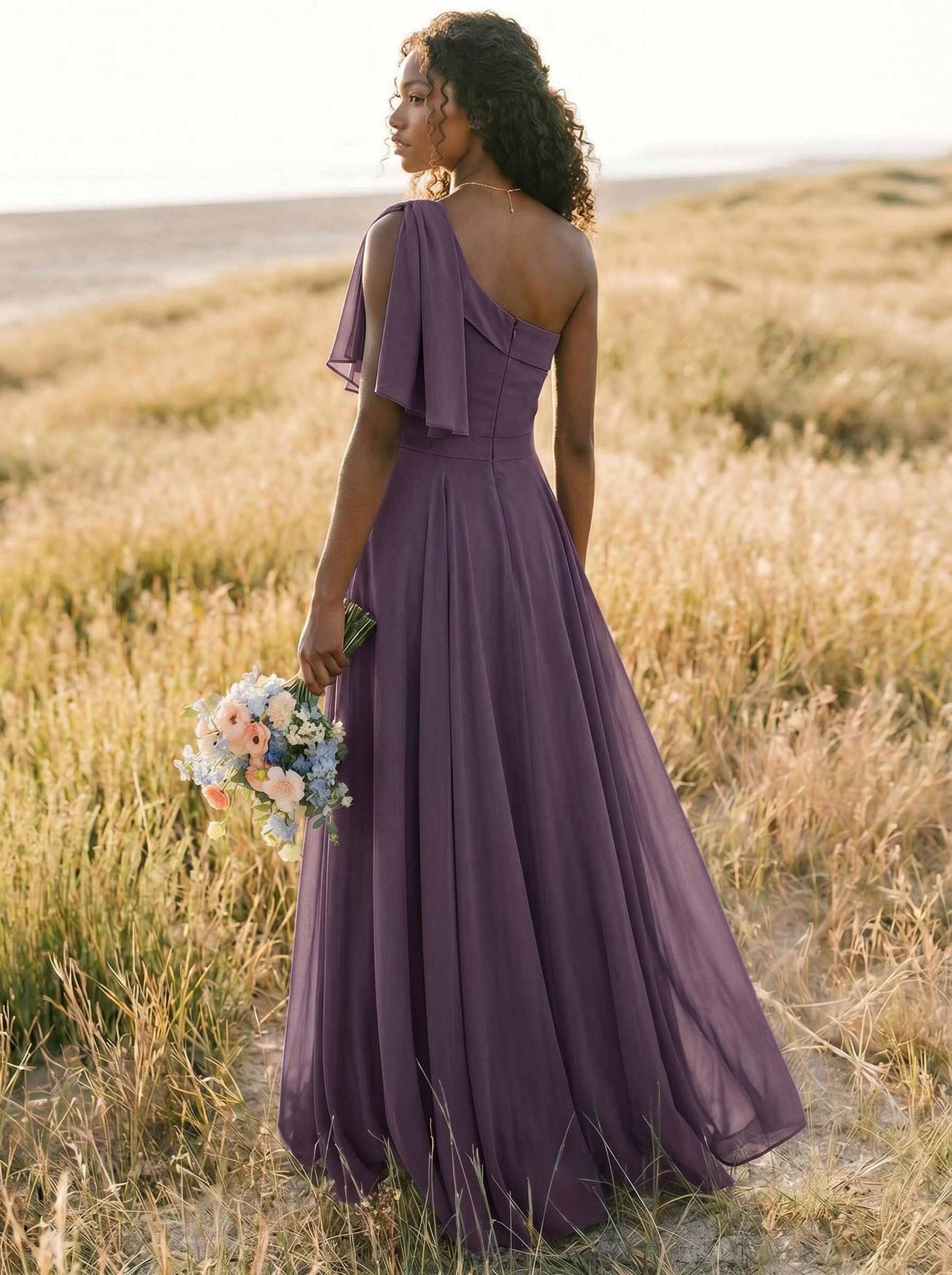 A-Line One-Shoulder Sleeveless Floor-Length Chiffon Bridesmaid Dresses With Bow(s)/Pockets, product image 207