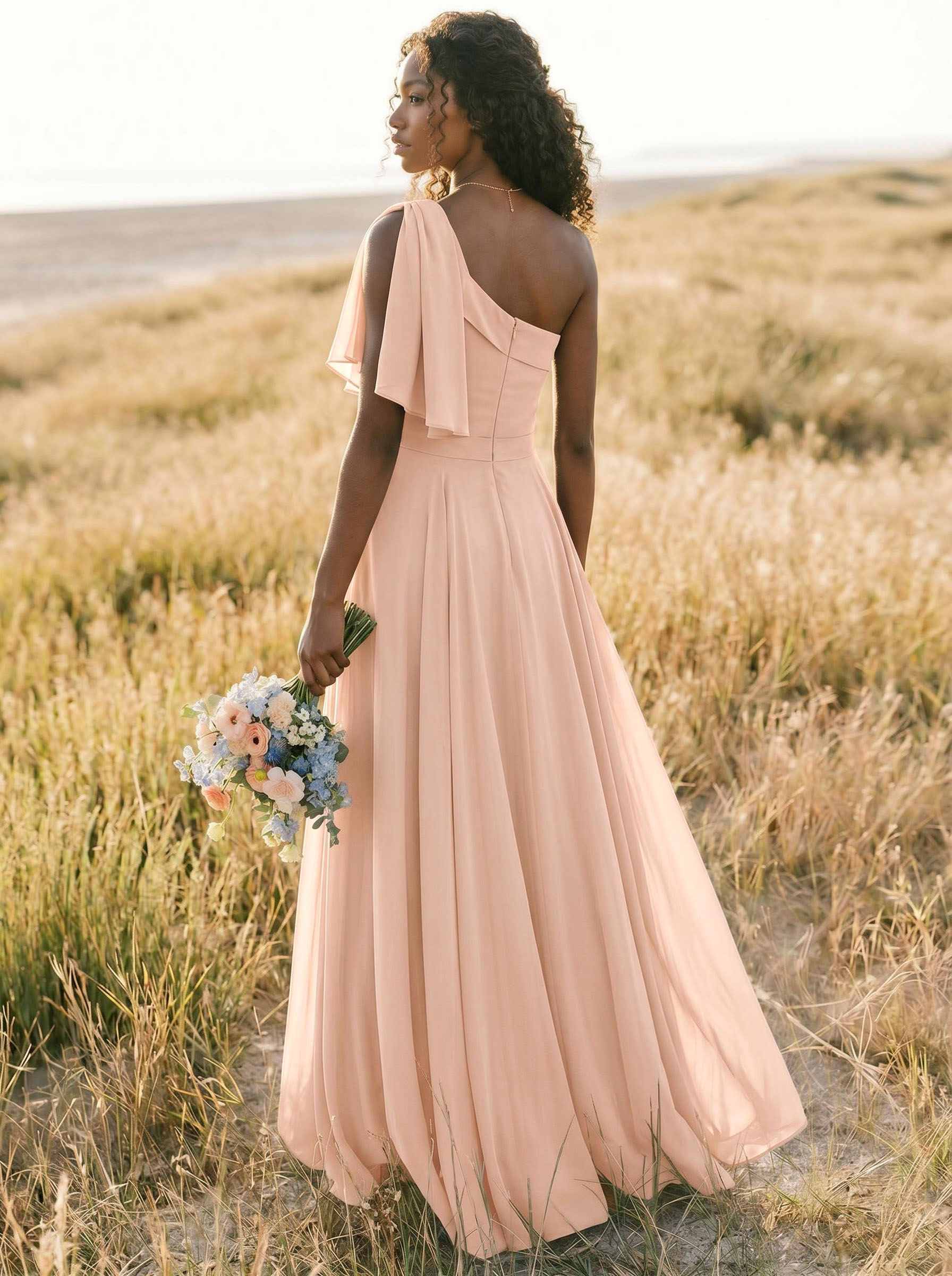 A-Line One-Shoulder Sleeveless Floor-Length Chiffon Bridesmaid Dresses With Bow(s)/Pockets, product image 265