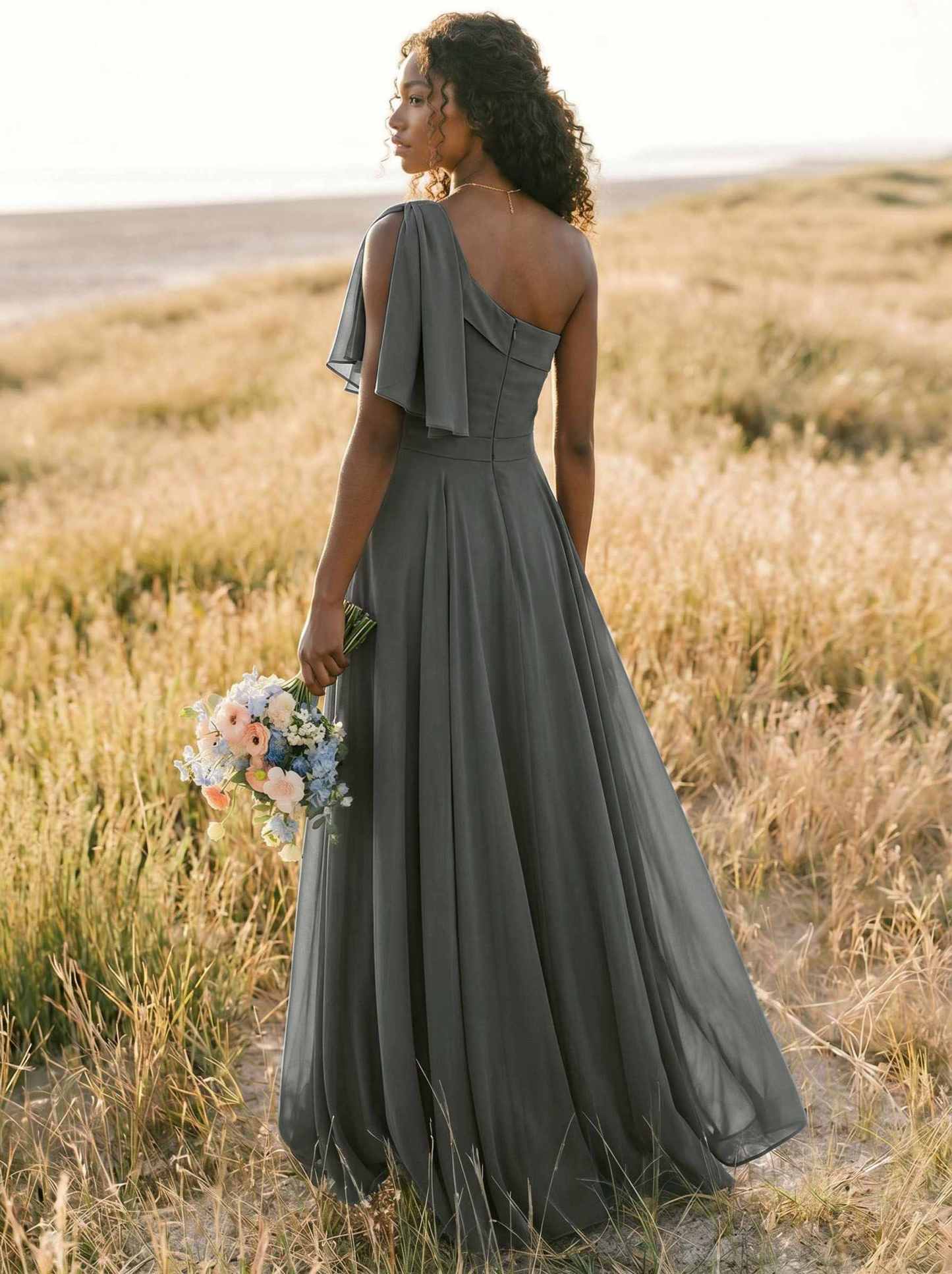 A-Line One-Shoulder Sleeveless Floor-Length Chiffon Bridesmaid Dresses With Bow(s)/Pockets, product image 255