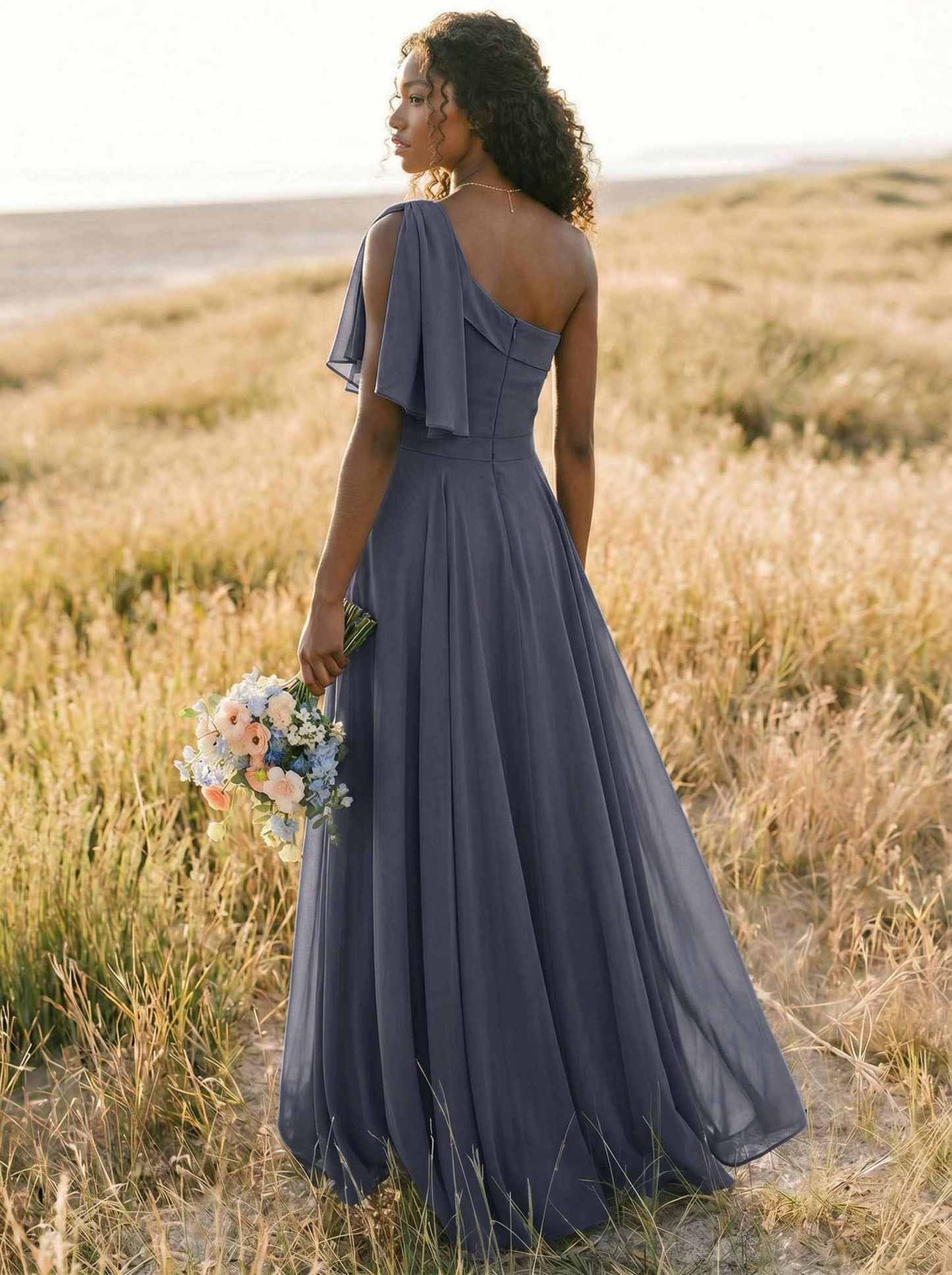 A-Line One-Shoulder Sleeveless Floor-Length Chiffon Bridesmaid Dresses With Bow(s)/Pockets, product image 149