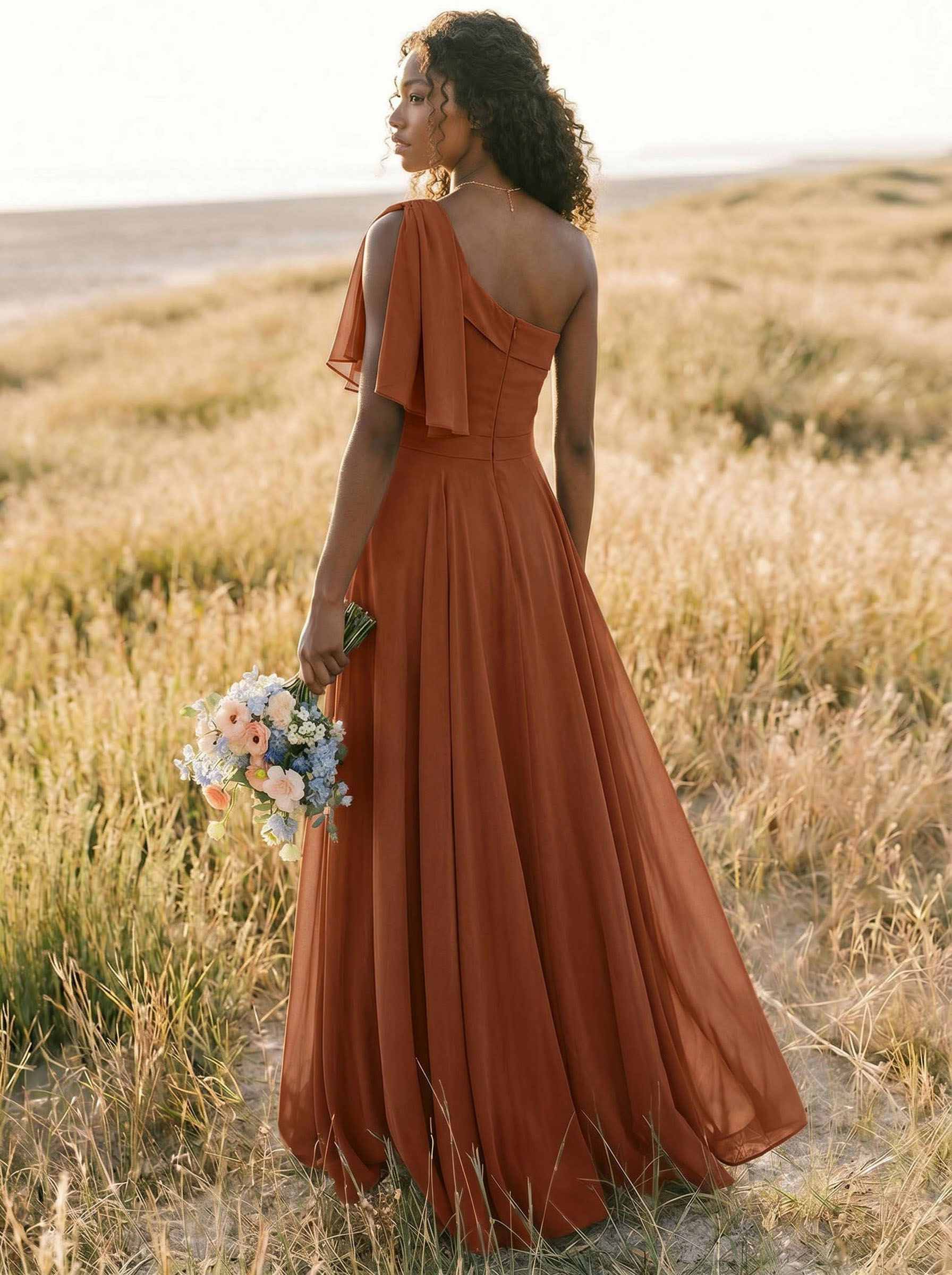 A-Line One-Shoulder Sleeveless Floor-Length Chiffon Bridesmaid Dresses With Bow(s)/Pockets, product image 273