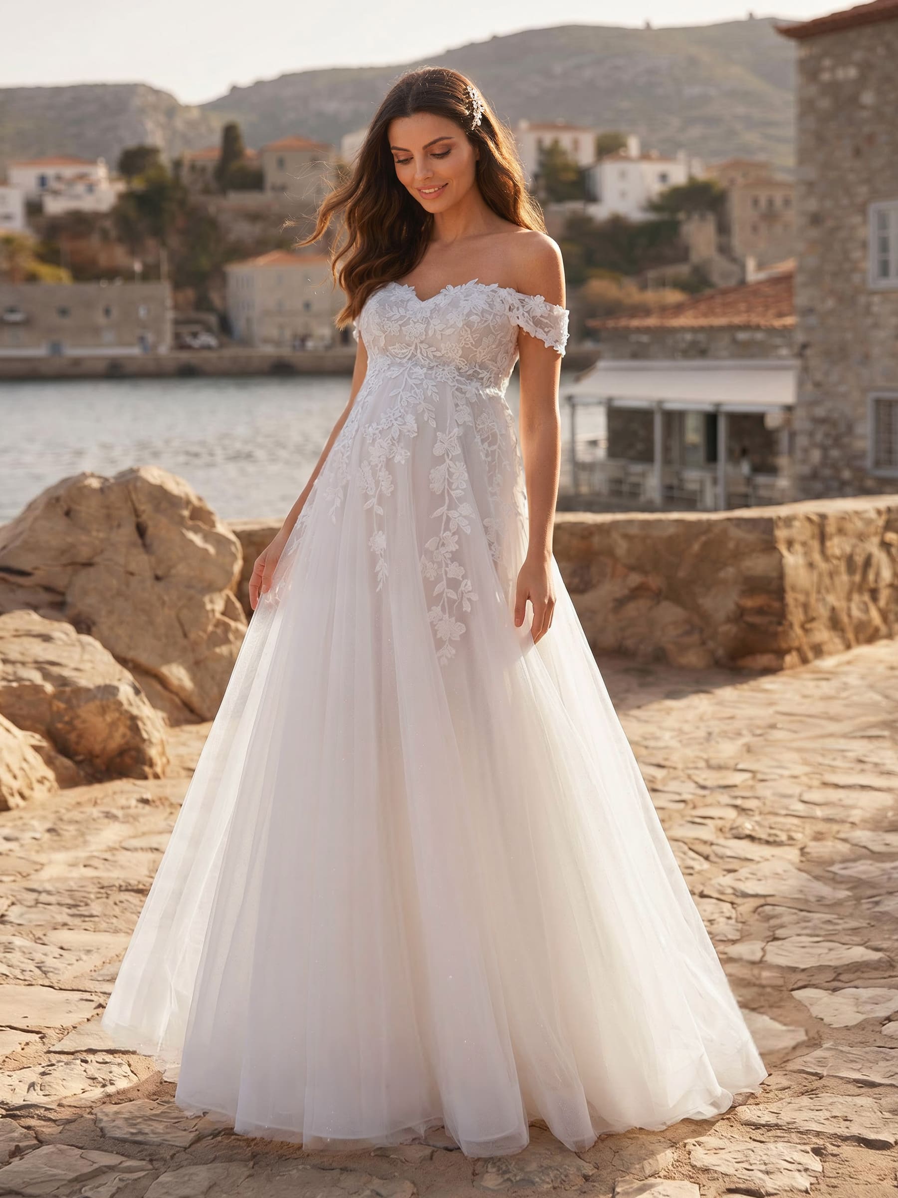 A-Line Lace Tulle Maternity Wedding Dresses Off-The-Shoulder With Appliques/Lace, product image 2