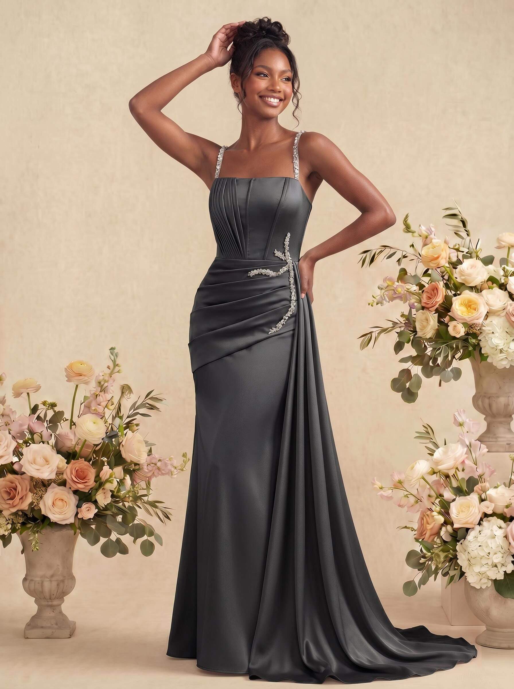 Sheath/Column Square Neckline Sleeveless Soft Satin Bridesmaid Dresses With Rhinestone