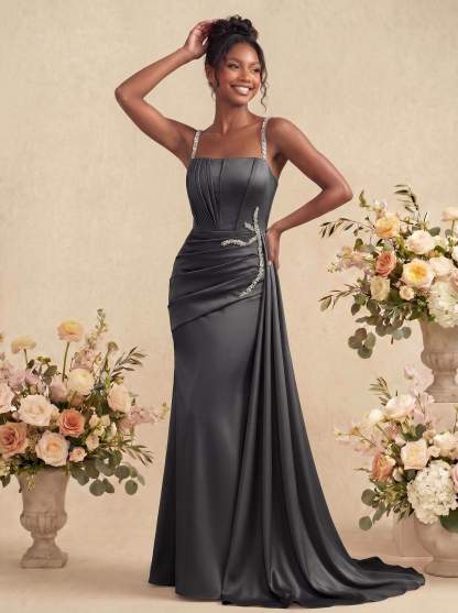 Sheath/Column Square Neckline Sleeveless Soft Satin Bridesmaid Dresses With Rhinestone