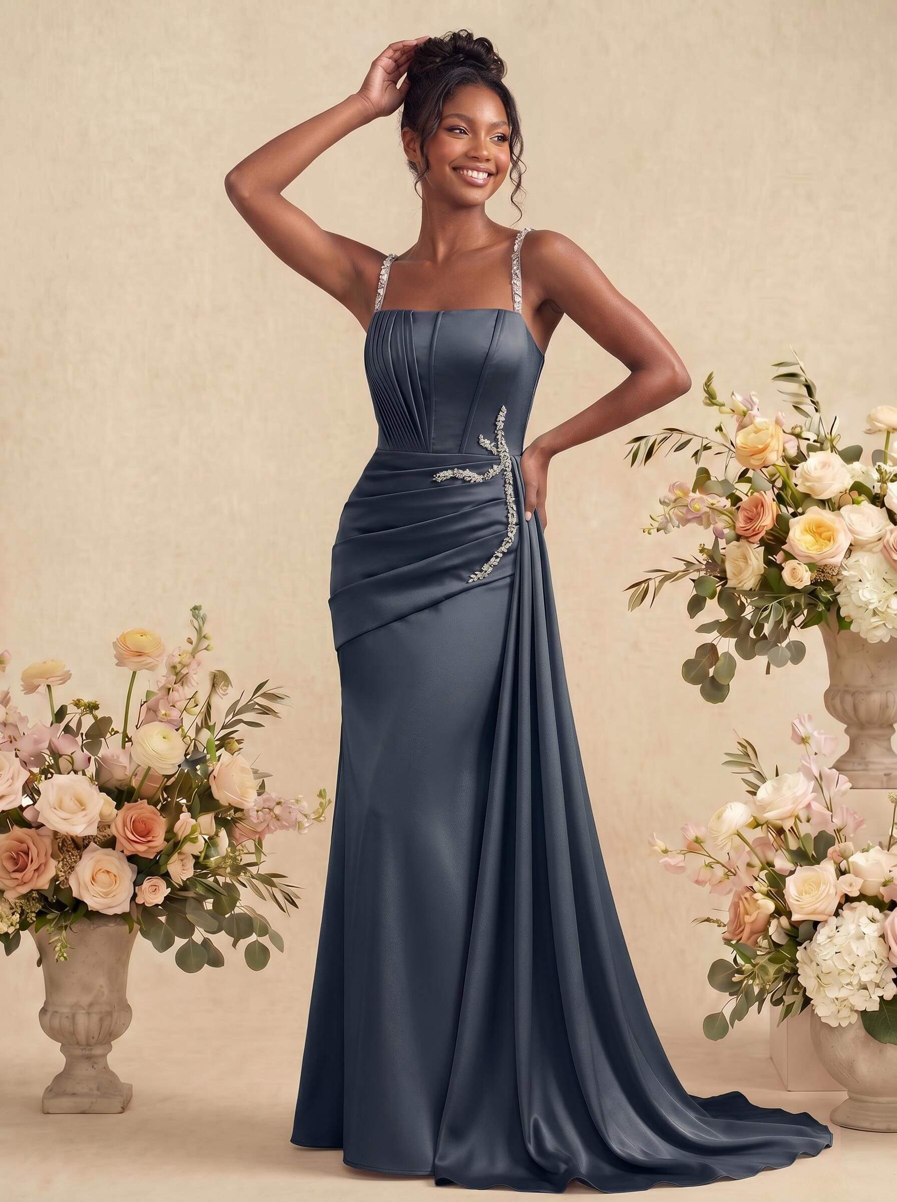 Sheath/Column Square Neckline Sleeveless Soft Satin Bridesmaid Dresses With Rhinestone
