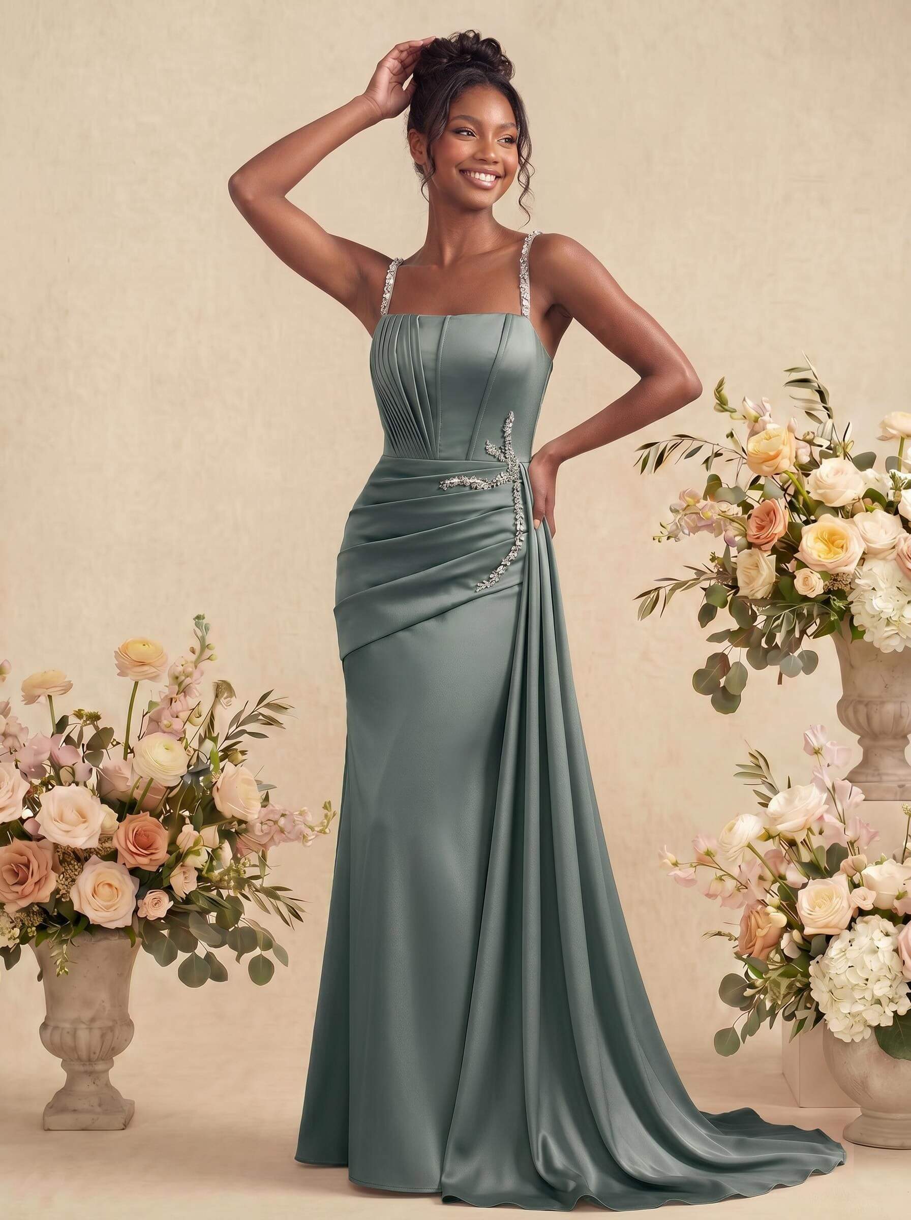 Sheath/Column Square Neckline Sleeveless Soft Satin Bridesmaid Dresses With Rhinestone