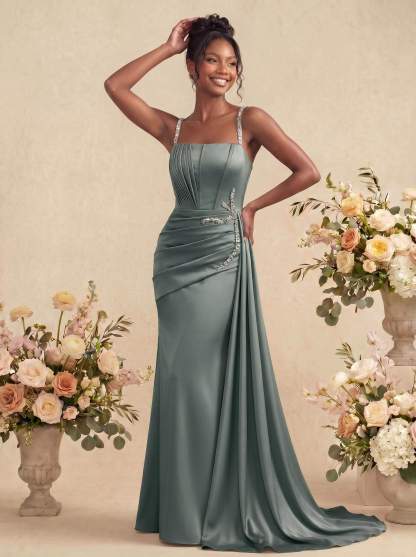 Sheath/Column Square Neckline Sleeveless Soft Satin Bridesmaid Dresses With Rhinestone