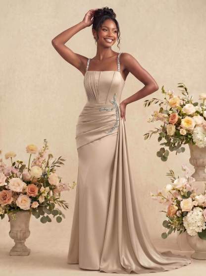 Sheath/Column Square Neckline Sleeveless Soft Satin Bridesmaid Dresses With Rhinestone